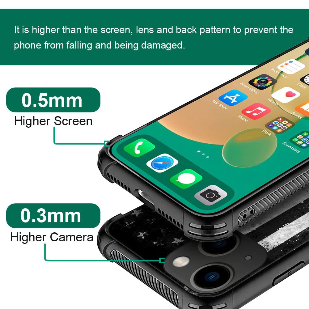 ZHEGAILIAN iPhone 14 Plus Case Tempered Glass Back Soft TPU Shock Protective Black White Grunge American Flag 6.7-inch