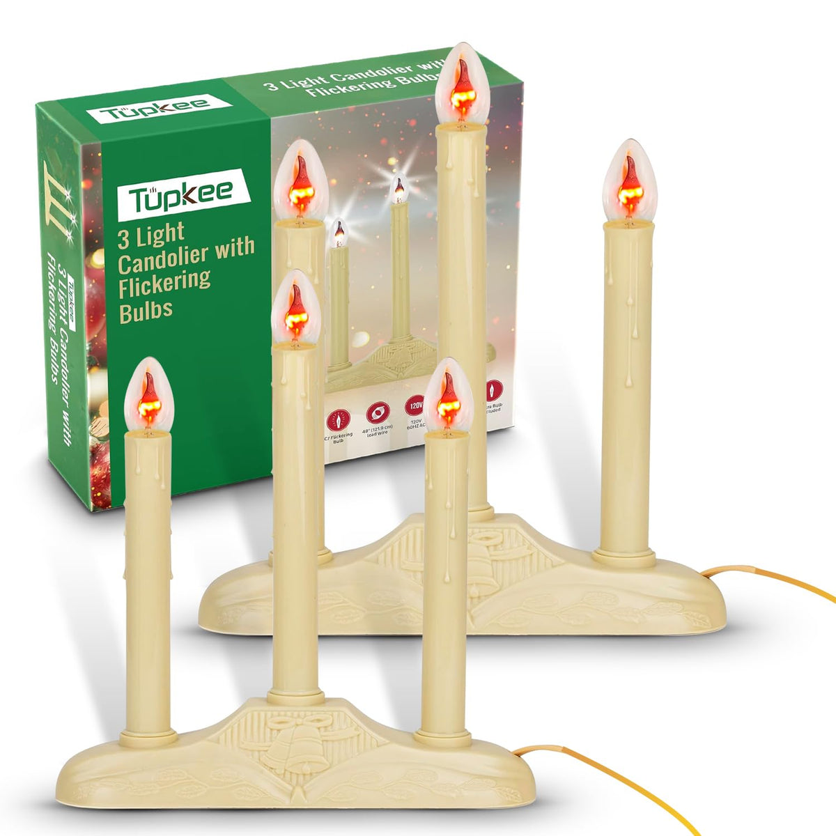 Tupkee Christmas Candolier Window Candles - With Flickering Bulbs - 3-Lights Indoor - Flameless Electric Window Candles Candelab