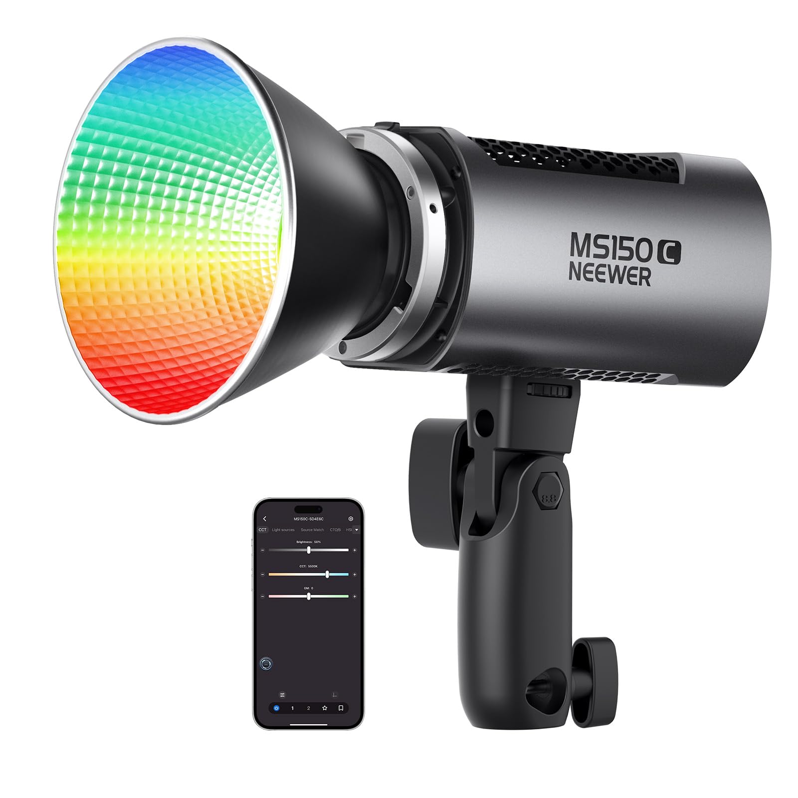 Neewer Ms150C Rgbww Led Video Light With 2.4G/App Control, 150W Metal Mini Rgb Cob Continuous Output Lighting Bowens Mount Handh