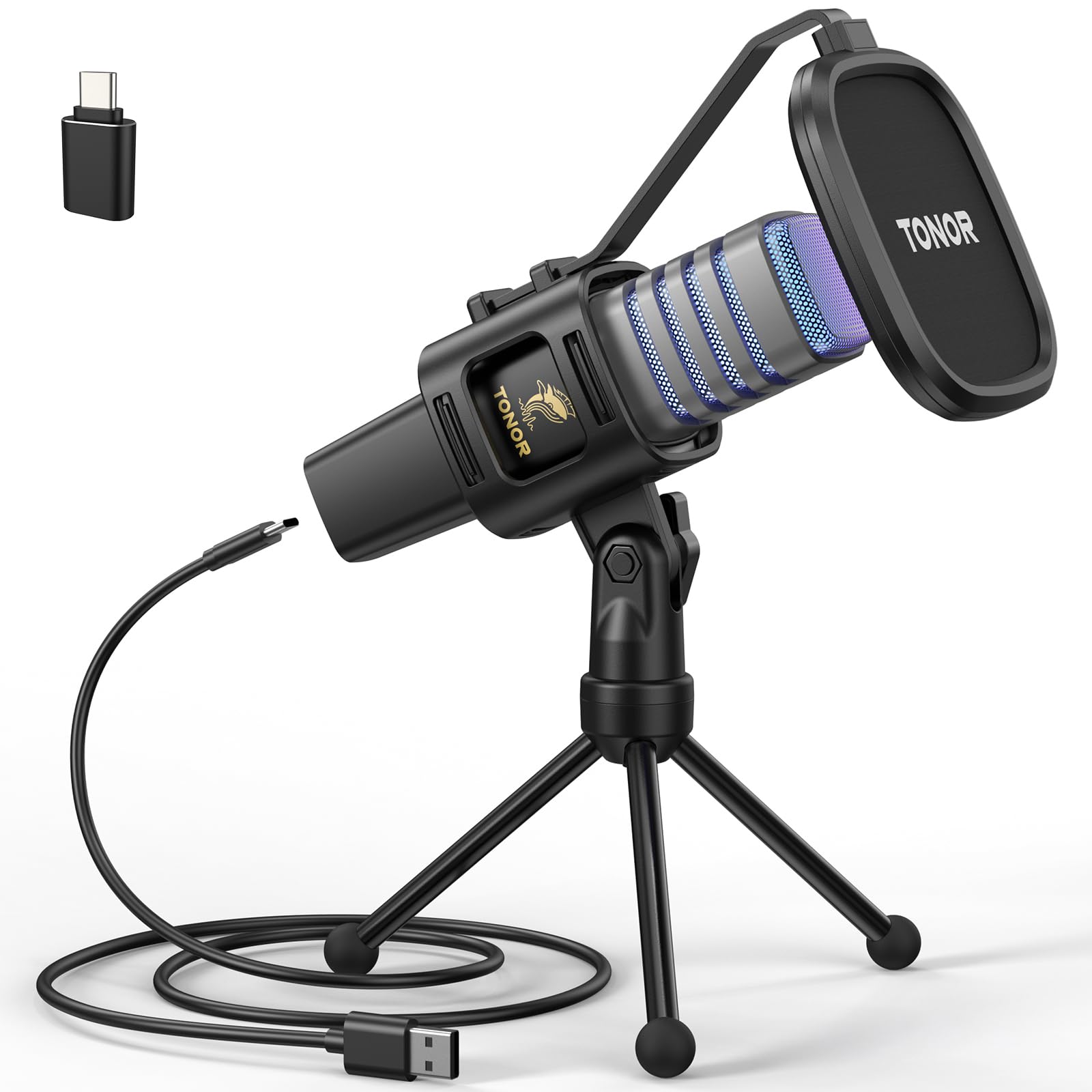 Tonor Rgb Usb Microphone, Cardioid Condenser Computer Pc Mic With Tripod Stand, Pop Filter, Shock Mount For Gaming, Streaming, P