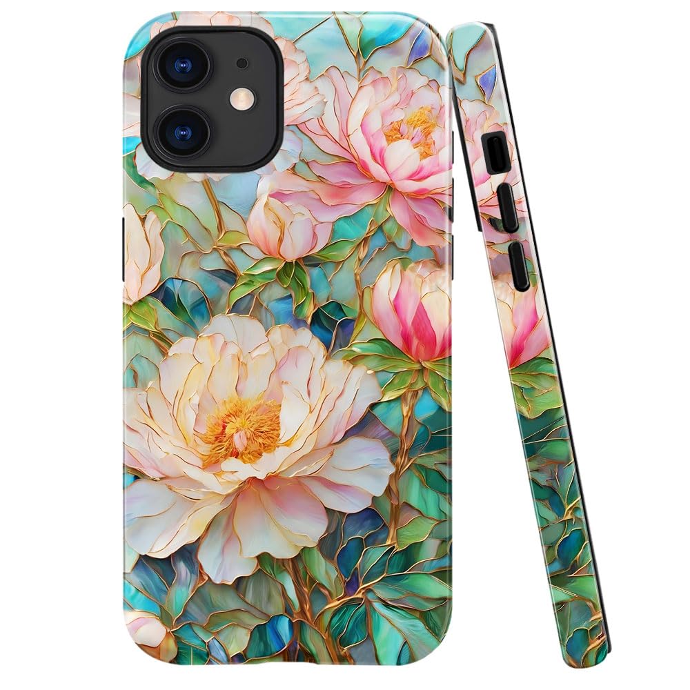 Compatible with iPhone 12,Anti-Scratch Glossy Case Cover,Romantic Peony Stained Glass Floral