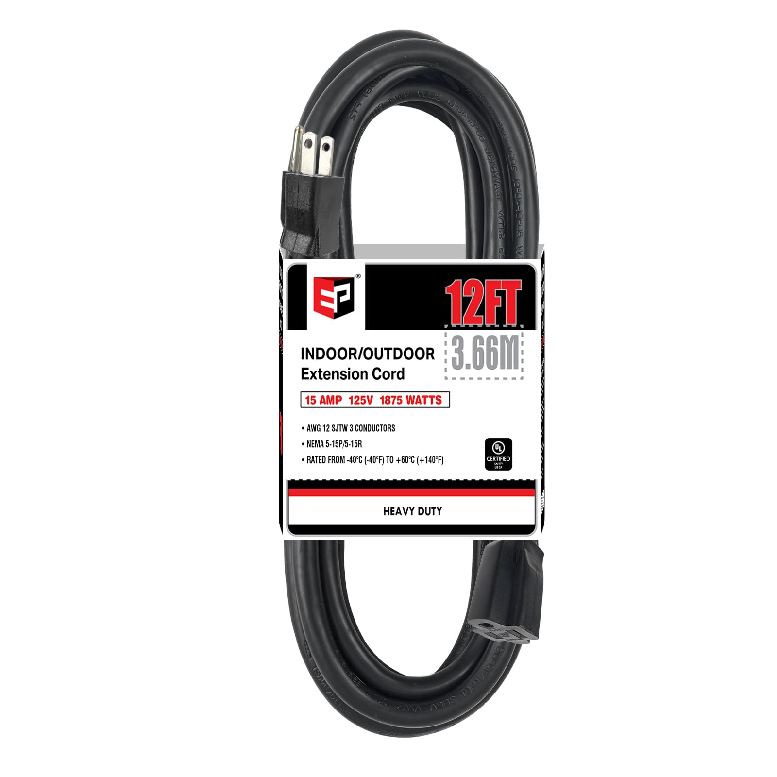 Ep 12 Ft Outdoor Extension Cord   12/3 Sjtw Heavy Duty Black Extension Cable With 3 Prong Grounded Plug   Power Cord For Lawn, G