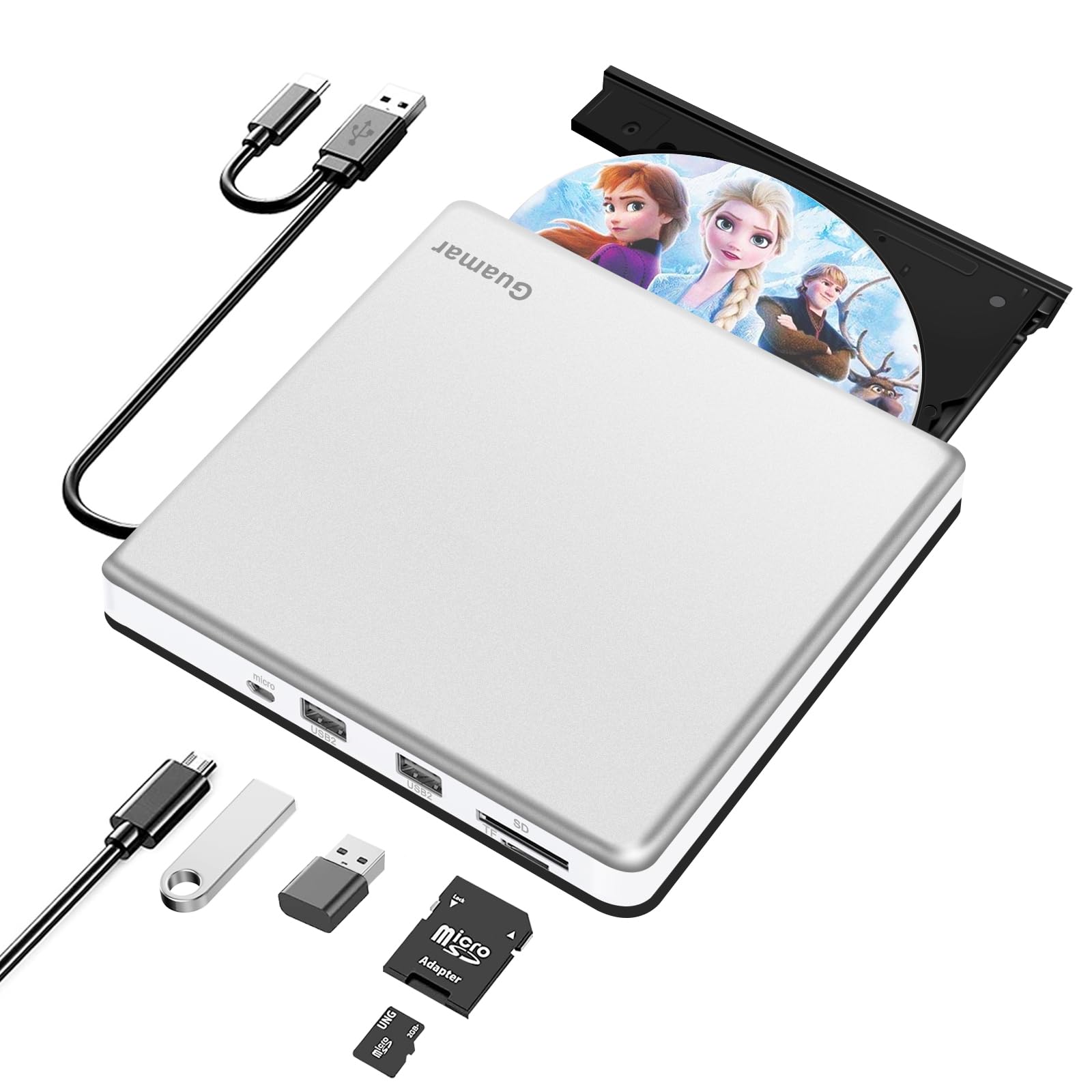 Guamar External Cd Dvd Drive, Usb 3.0 Usb C Cd/Dvd +/ Rw Burner Cd Rom Reader Writer With 2 Usb & Sd/Tf Slot, Portable Optical D