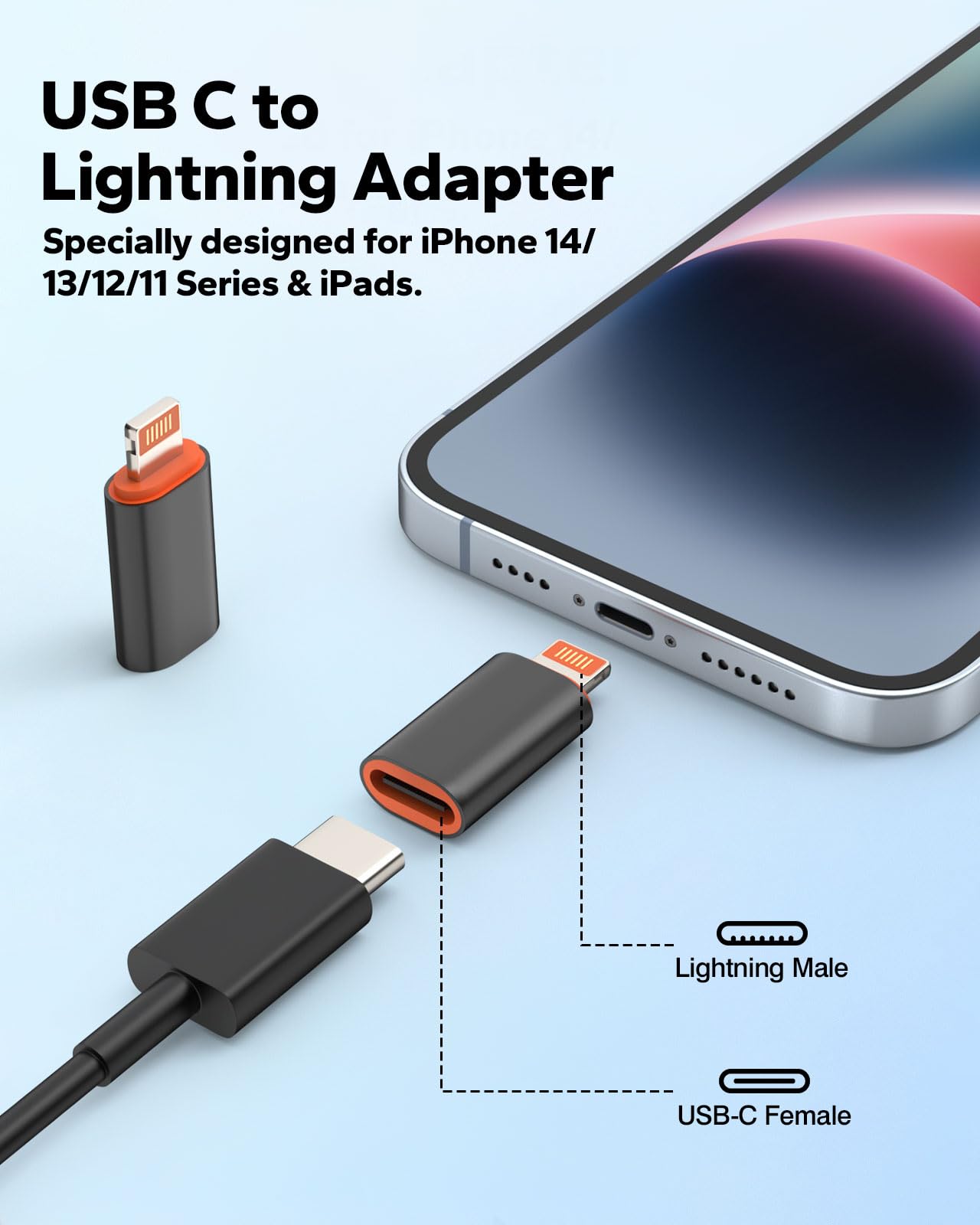 MoKo USB C to Lightning Adapter   2 Pack USB C Female to Lightning Male Adapter Supports 27W PD Fast Charging Data Transfer for iPhone 14/13/12/11/XS/XR/SE, iPad/iPod/AirPods, Not for Audio/OTG, Black