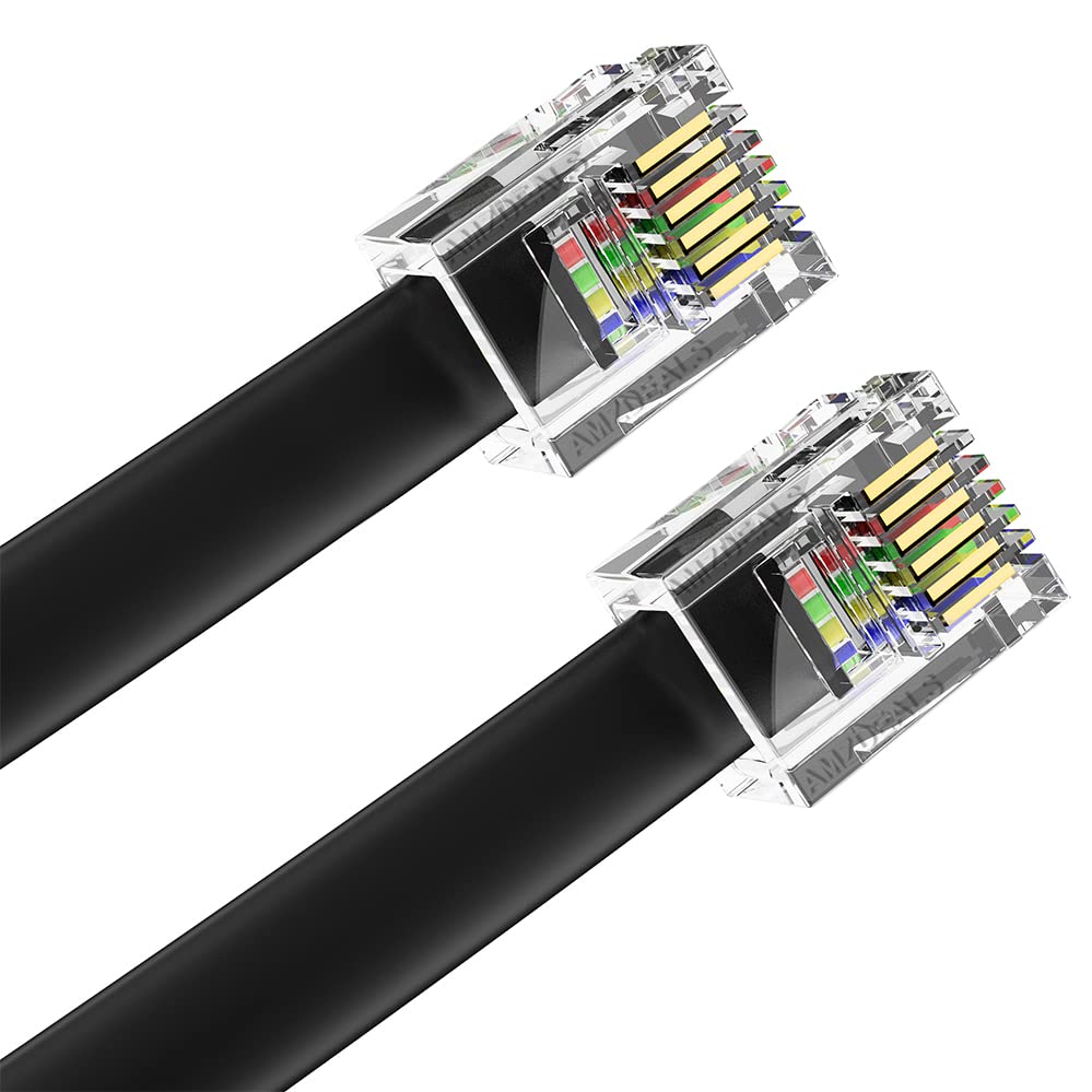 Amzdeals 2 Pack 2 Feet Black Rj12 6P6C Male To Male Straight Wired Cable, Pro Grade Data And Voice Phone Line Cord   Made In Usa