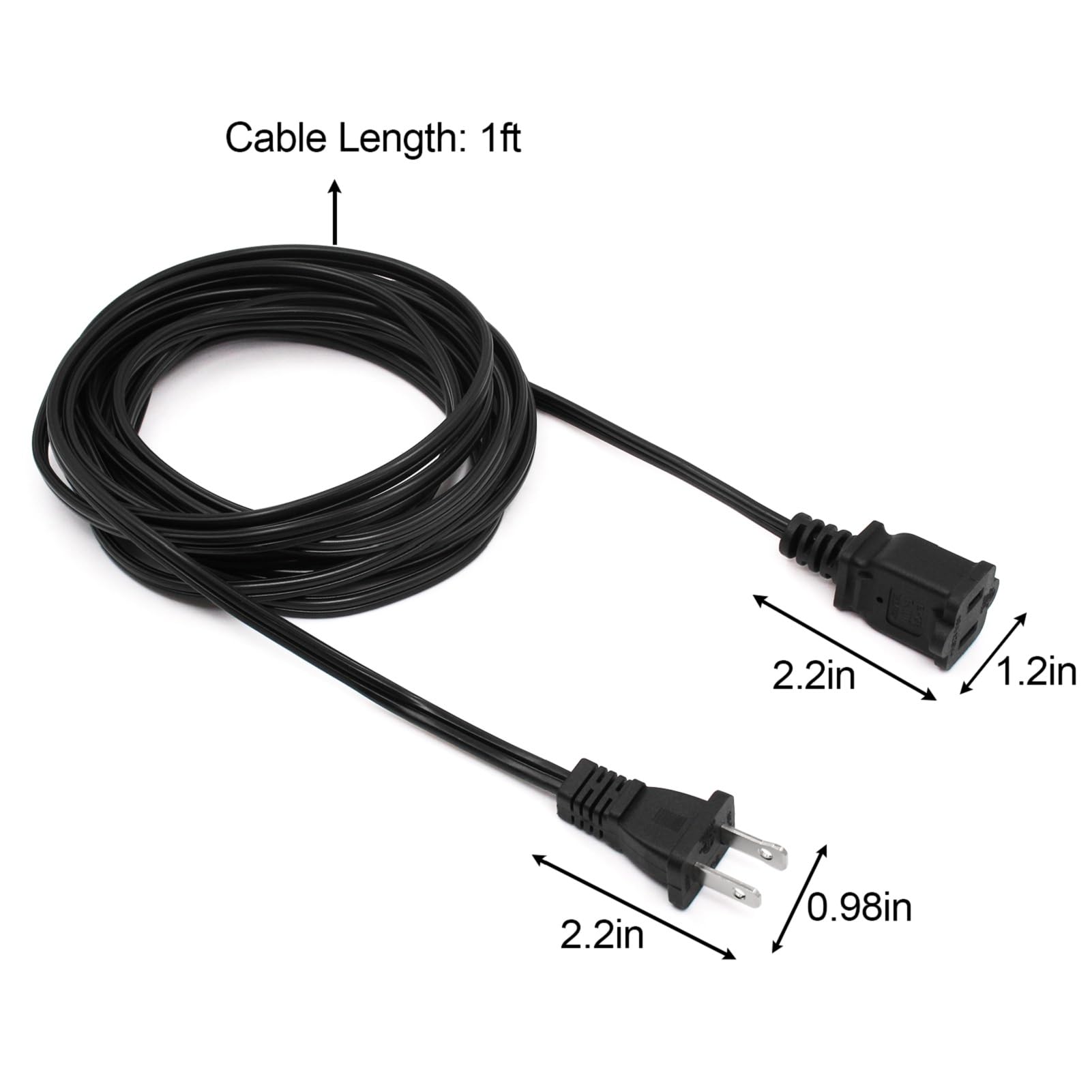 2 Prong Extension Cord 1Ft,Short Flexible Extension Cable Black,Us Male/Female Power Cable For Nema 1 15P To Nema 1 15R, Ul List