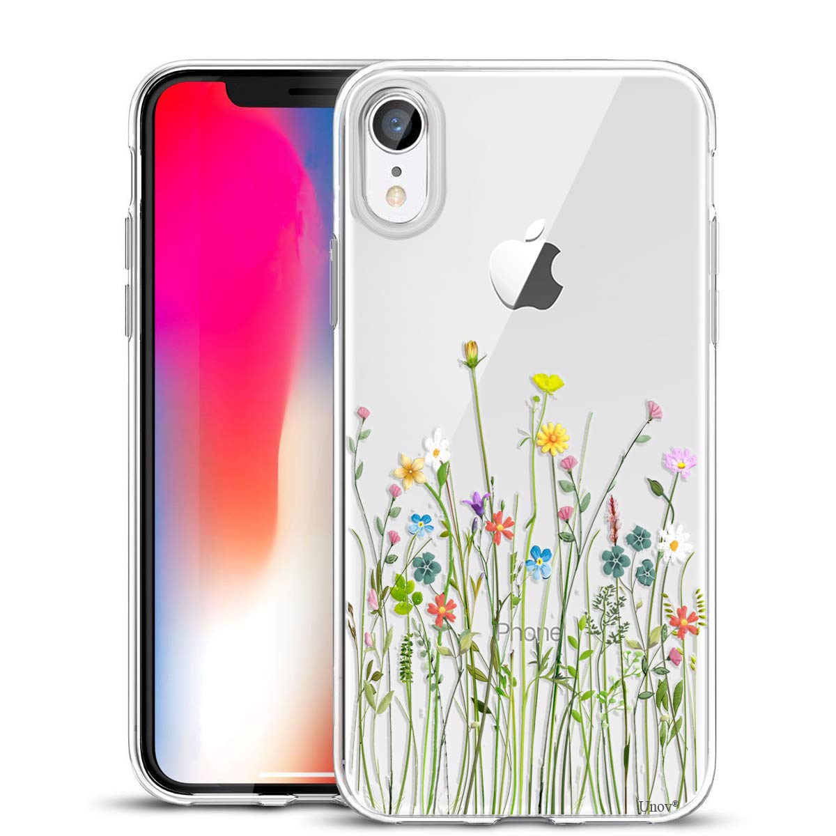 Unov Case Compatible With Iphone Xr Case Clear With Design Slim Protective Soft Tpu Bumper Embossed Pattern 6.1 Inch (Flower Bou