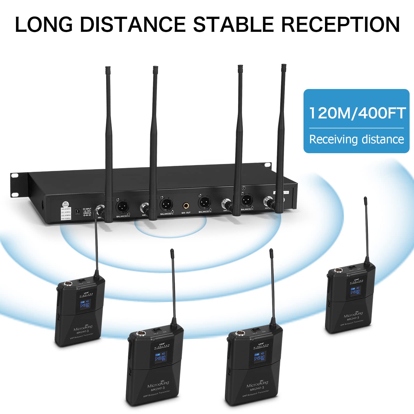 Microcking Uhf Wireless Microphone System Cordless Lapel/Headset/Lavalier Mic(4 Bodypacks), Fixed Frequency, Long Range 400Ft, I