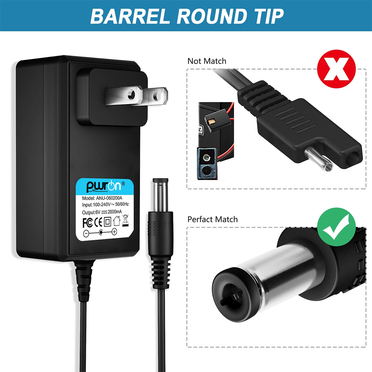 Pwron 6.6 Ft 6V Battery Charger For Dynacraft Spiderman Coupe Kids Electric Ride On Sports Car Quads (!!!Note: Not For 12V)