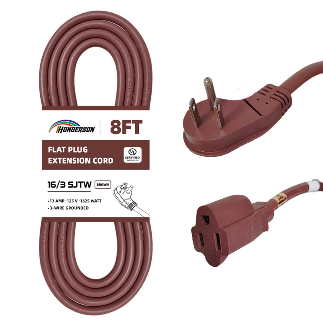 Honderson Flat Plug Indoor Extension Cord, Ul Listed, 16 Gauge 8Ft Brown 3 Prong Heavy Duty Extension Cord, 16/3 Sjtw 13A Power