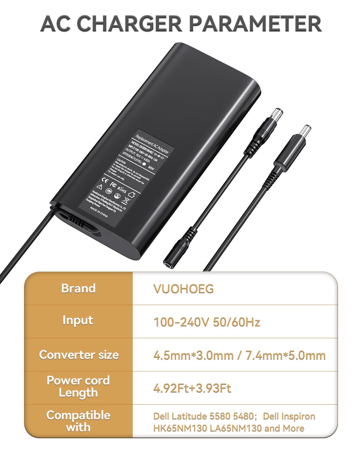 90W Laptop Charger For Dell, Ac/Dc Adapter Dell Latitude E6430 E6420; Dell Inspiron 17 1750 1764 1705 1720 1721 1737 1747 Dell Vostro 3500 3500N 3550 3550N With Power Supply Cord