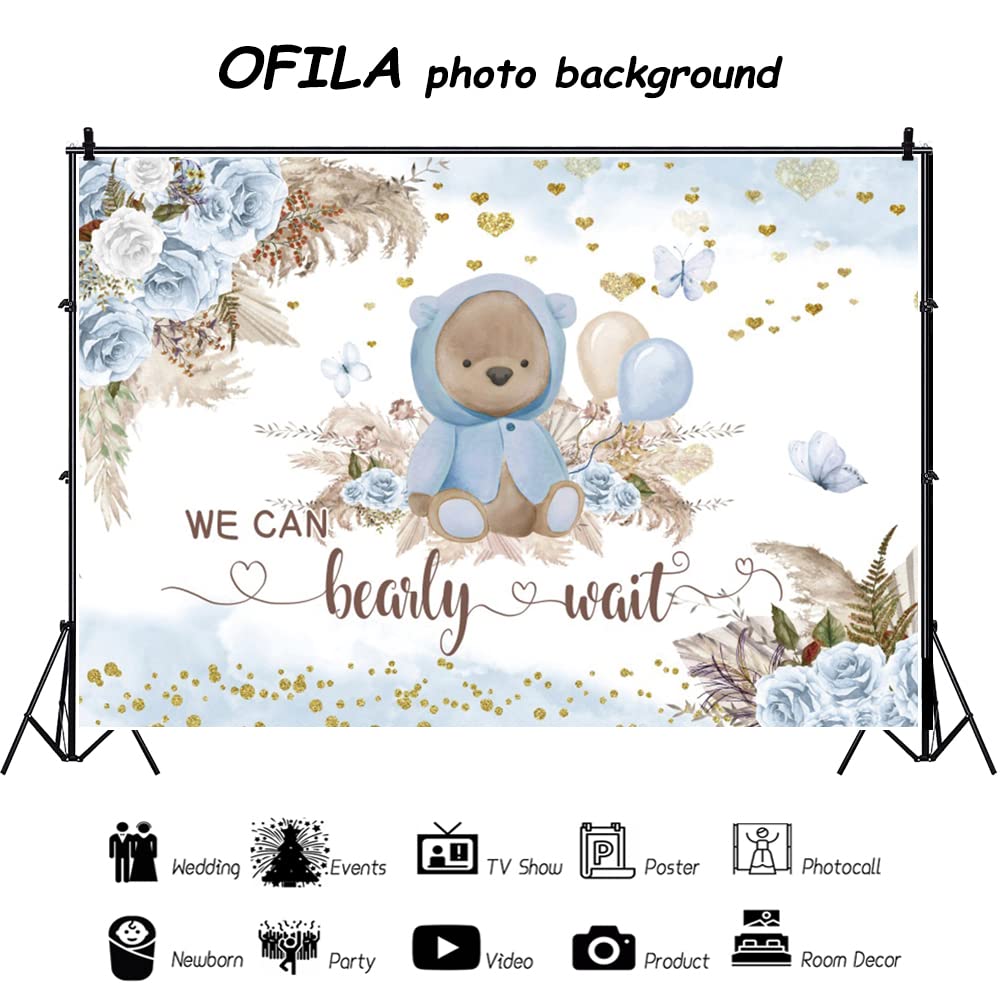 Ofila We Can Bearly Wait Backdrop For Boy'S Boho Baby Shower Party Decorations 10X8Ft Blue Floral Bohemian Pampas Grass Lovely B