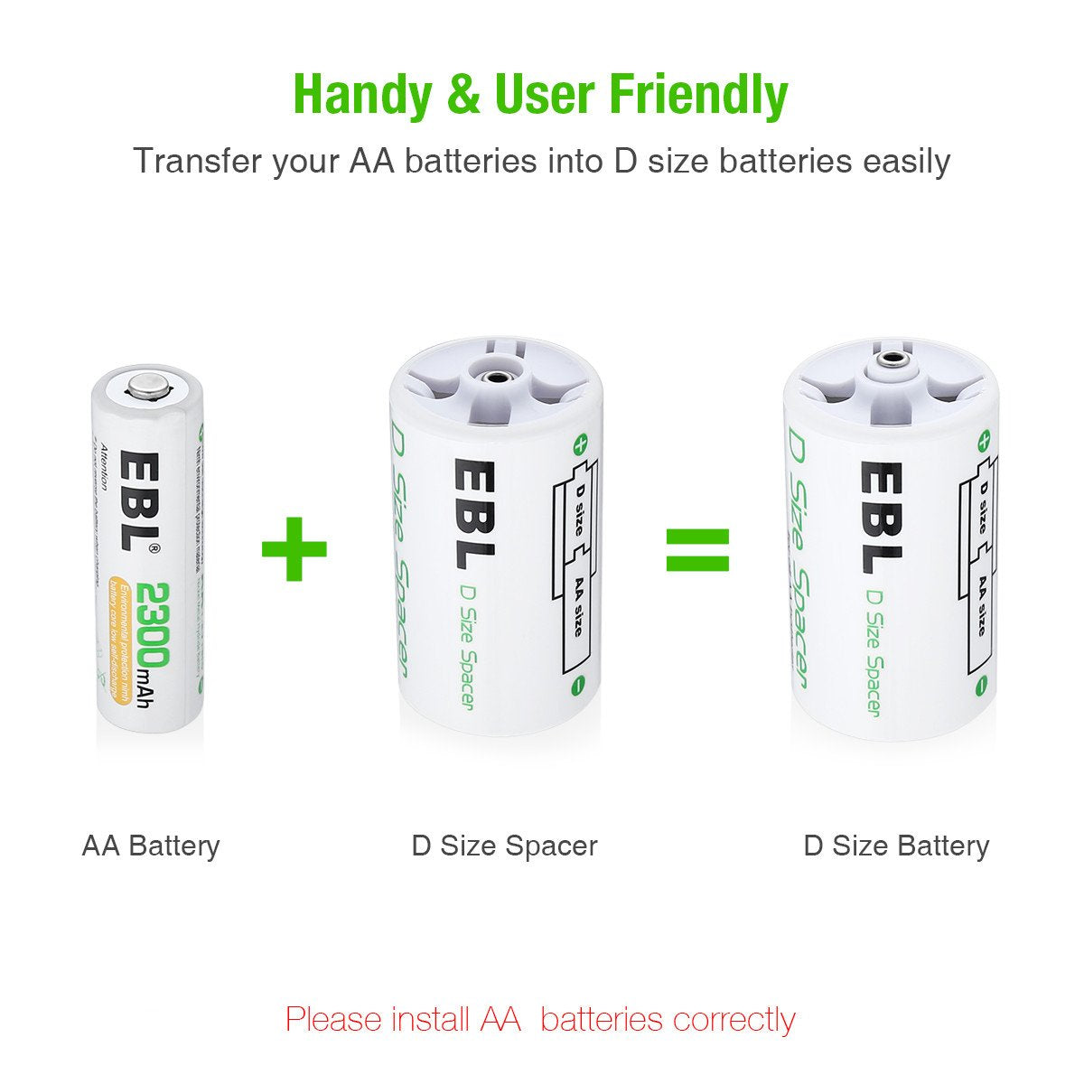 Ebl D Size Battery Adapters, Aa To D Size Battery Spacer Converter Case Use With Rechargeable Aa Battery Cells   4 Pack