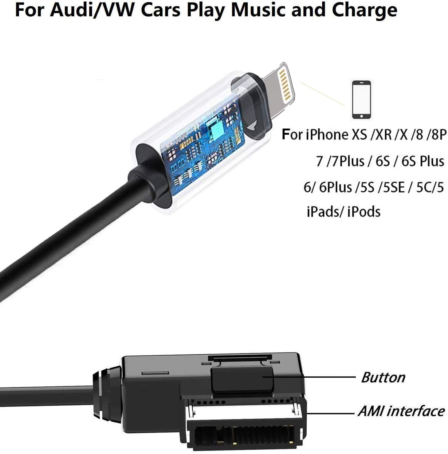 Car Audio Charging Adapter Cord Compatible With Apple Iphone 12 11 Xs Max Xr X 8 7 6 For Audi A3/A4/A5/A6/A8/S4/S6/S8/Tt, Ami Mm