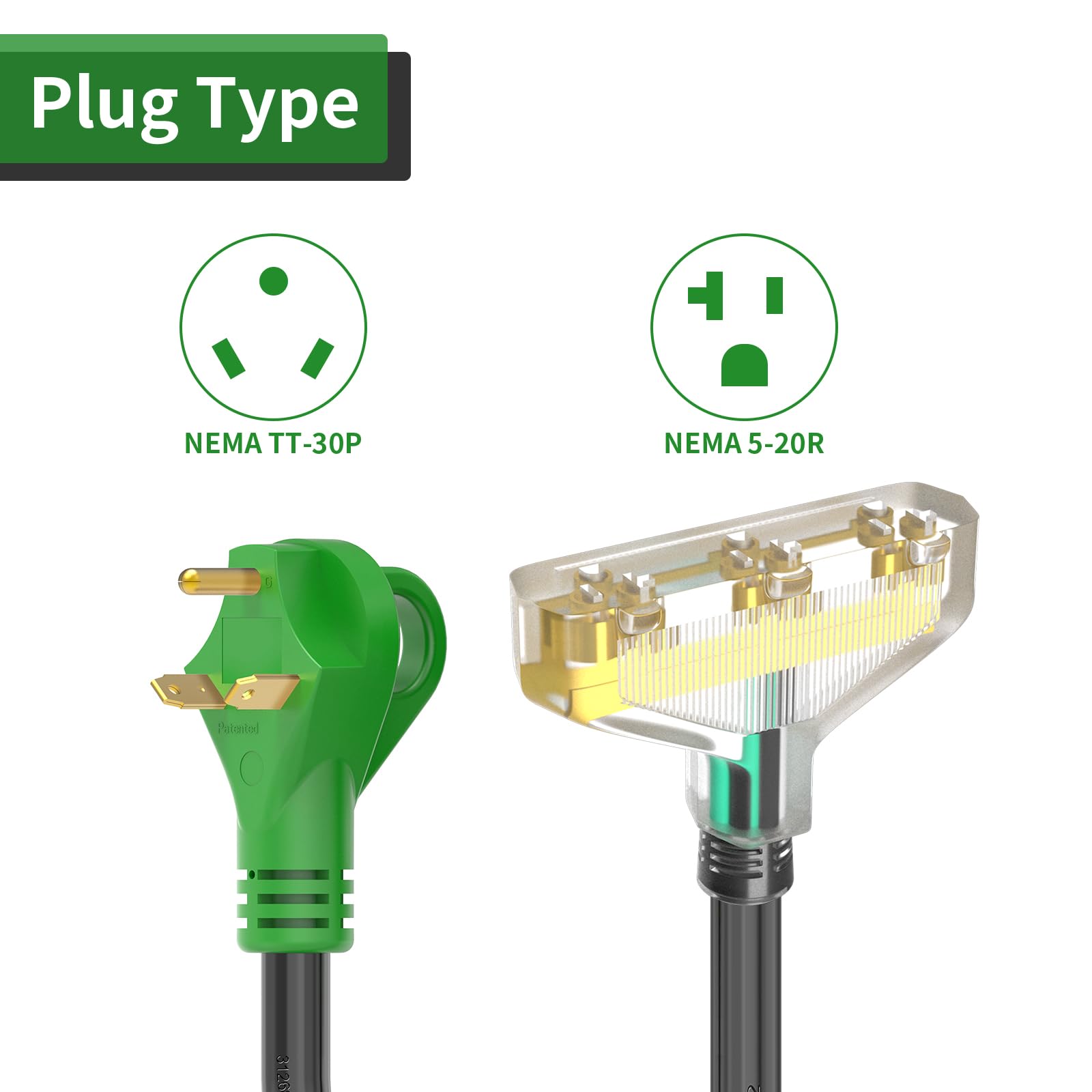 Rvguard 30 Amp To 110V Adapter Cord, Nema Tt 30P To 3X 5 20R Household Outlet With Led Power Indicator