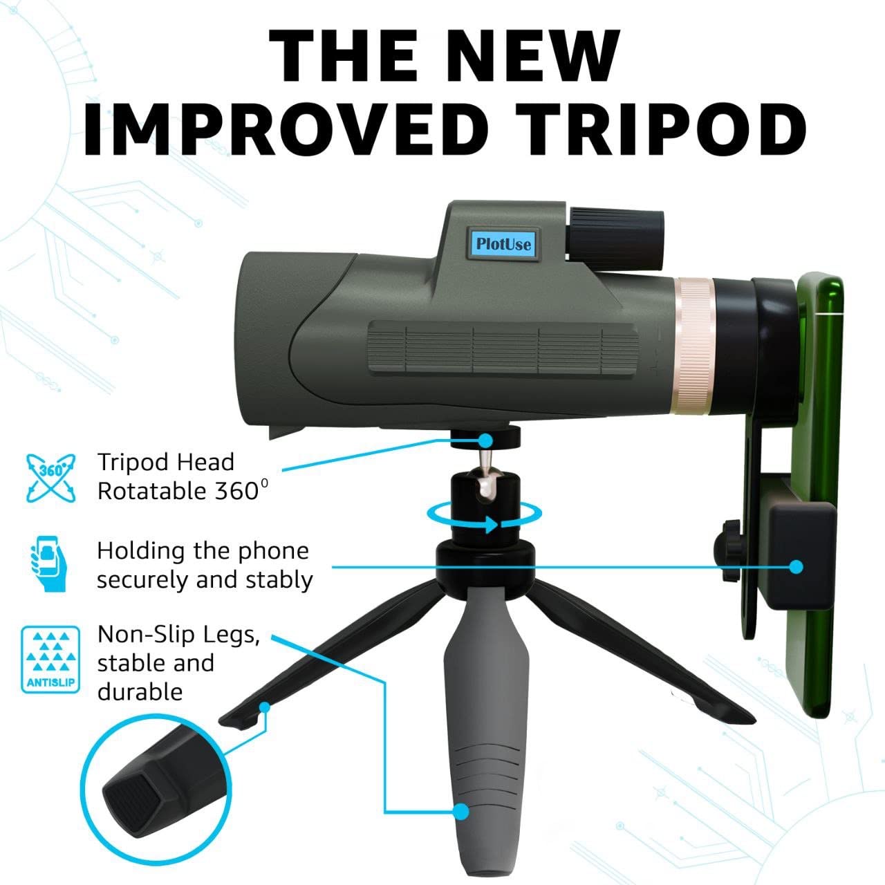 12X50 Monocular Telescope High Powered With Smartphone Adapter Tripod And Portable Bag, Larger Vision Monoculars For Adults With