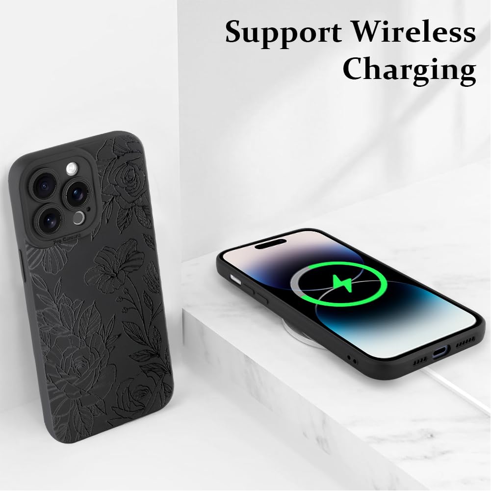 Lsl Case For Iphone 14 Pro Black Floral Flower Pattern Print Case Soft Tpu Full Camera Lens Anti Drop Anti Scratch Shockproof Pr