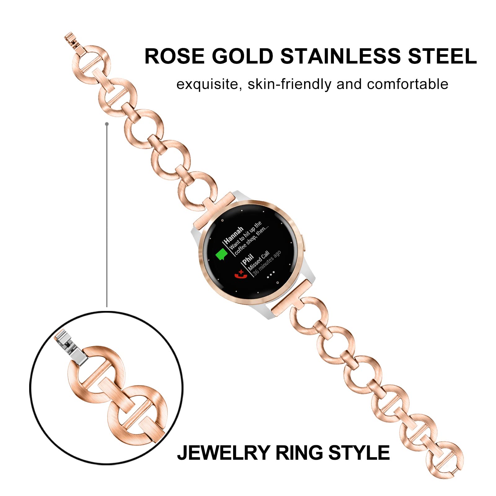 Trumirr Band For Garmin Vivoactive 4S / Venu 2S / Venu 3S / Vivomove 3S / Forerunner 265S Women Smart Watch, 18Mm Rose Gold Stai