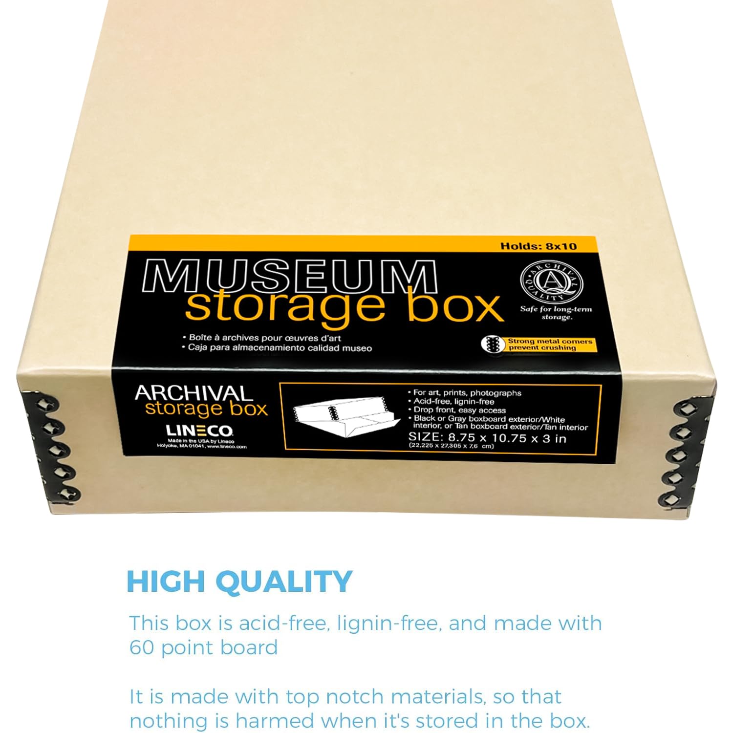 Lineco Museum Archival Storage Box, 8.75X10.75X3 In. Drop Front Design. Acid Free With Metal Edge. Organize Photos, Pictures, Prints, Documents, Crafts, Diy. Tan, 2 Pack