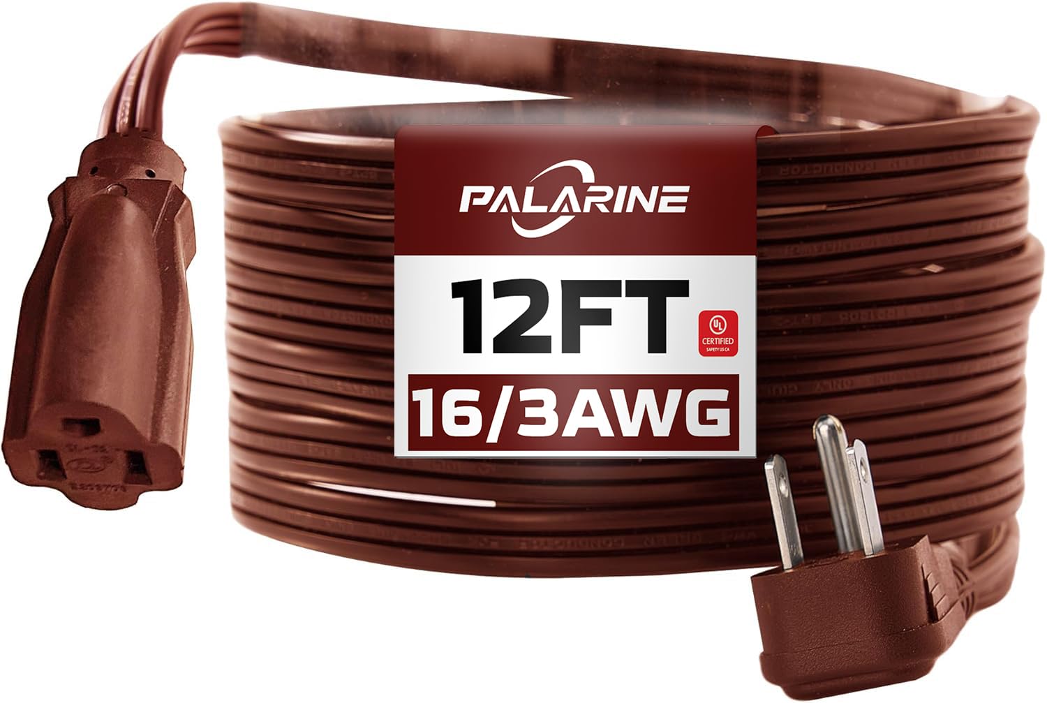 Palarine Brown Flat Plug Extension Cord 12 Ft, Indoor Extension Cord, 16/3 Spt 3 13A 3 Prong Power Cord For Kitchens, Behind Fur
