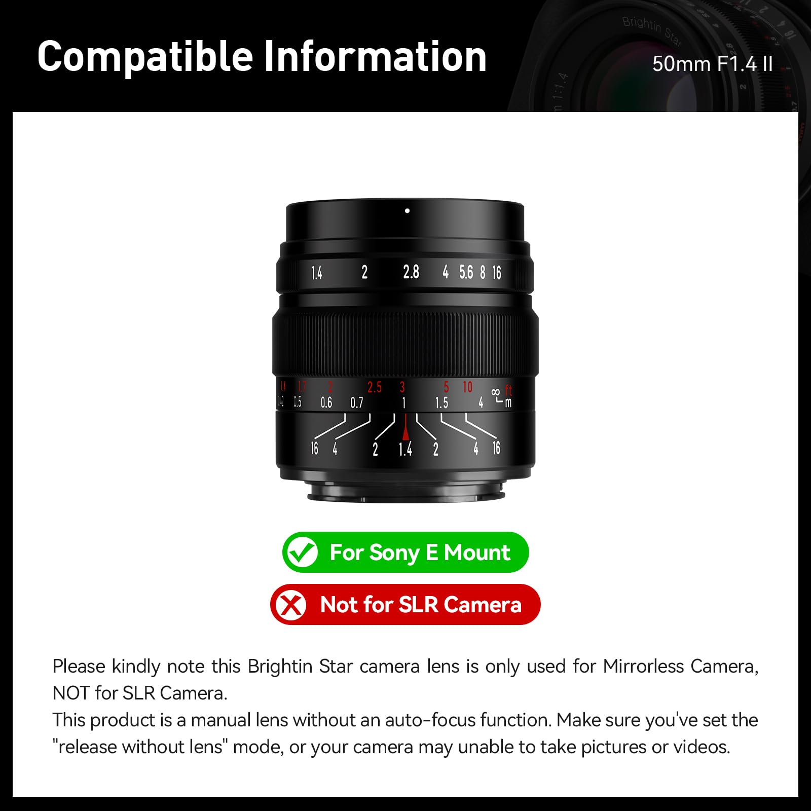 Brightin Star 50Mm F1.4 Big Aperture Aps C Manual Focus Mirrorless Camera Lens, Fit For Sony Alpha Zv E10, A7Iv, A6400, A7Ii, A7