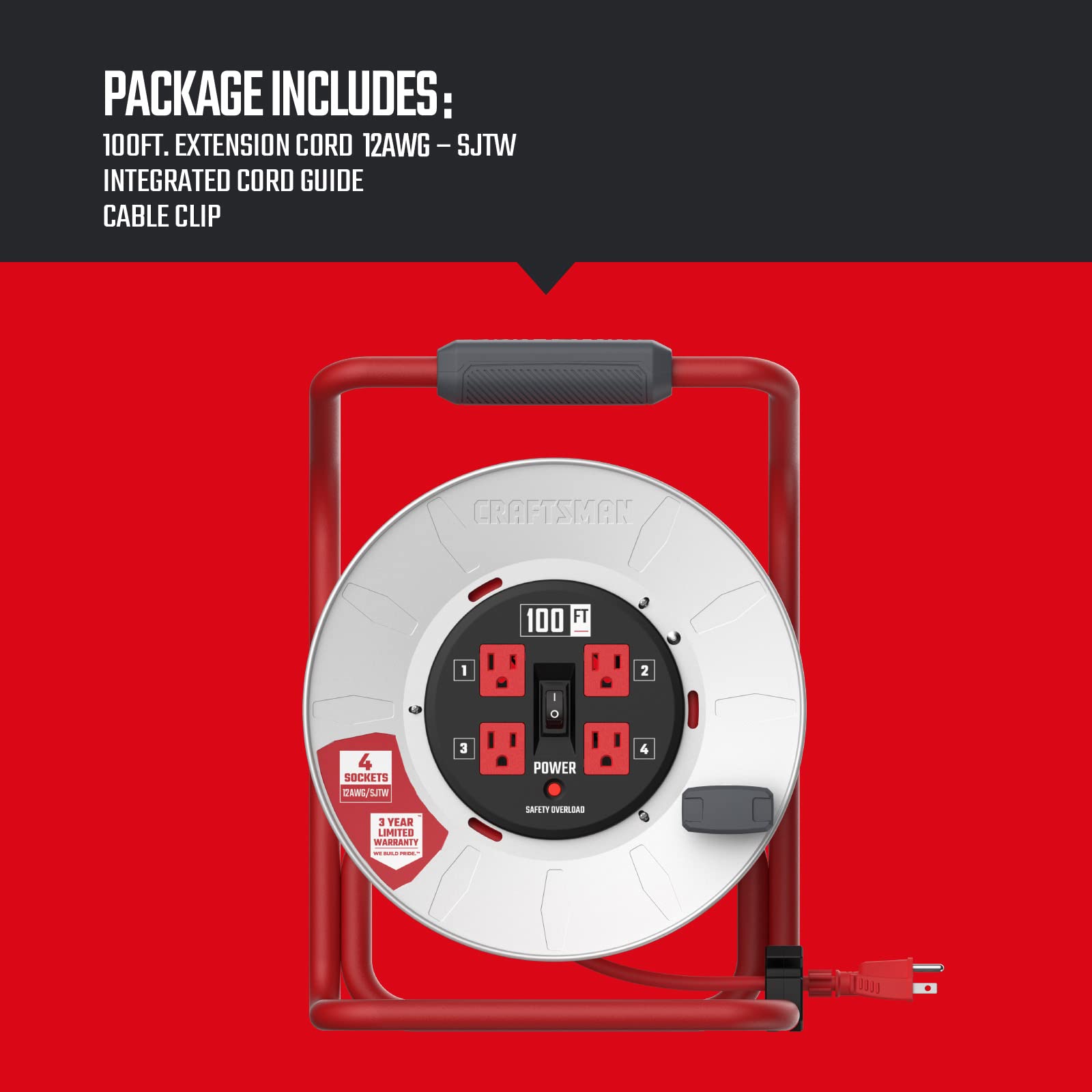 Craftsman 100 Ft. Contractor Retractable Extension Cord Reel With 4 Outlets & Heavy Duty 12Awg Sjtw Cable
