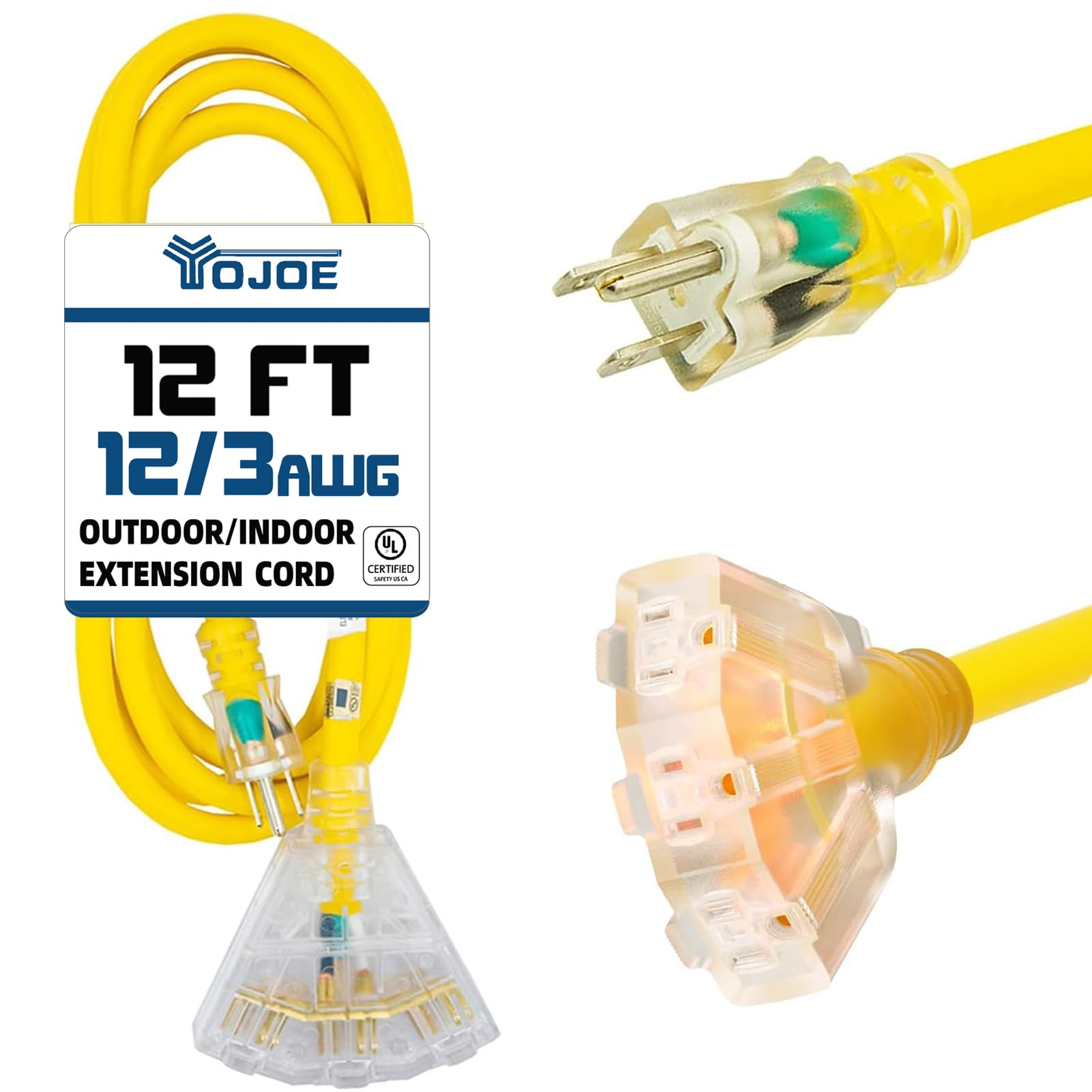 Yojoe 3 Outlets Indoor Outdoor Extension Cord With Lighted End, 3 Prong 15A Weatherproof Power Cord, 12 Gauge Heavy Duty 12 Ft Y