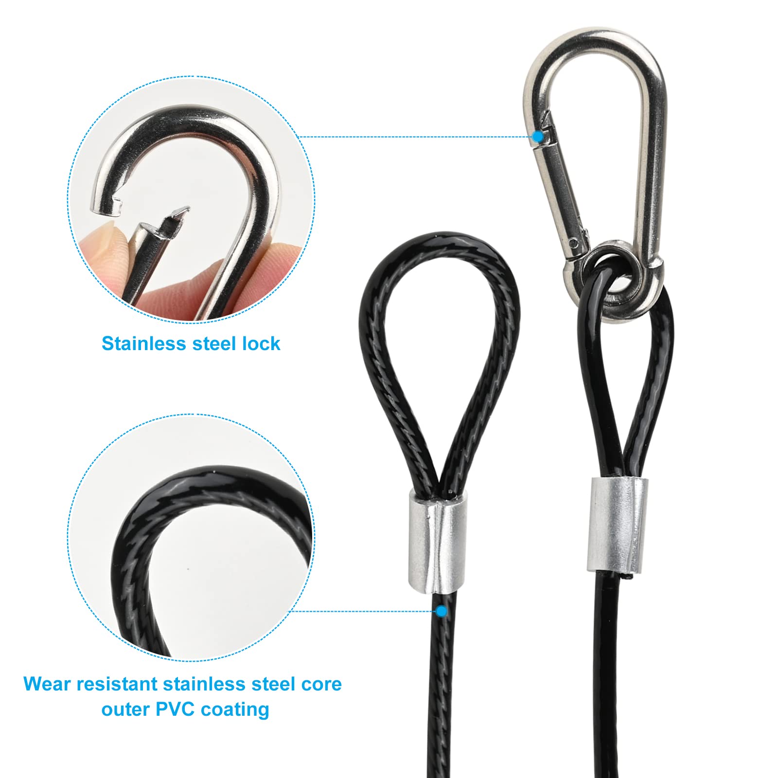 Vigtayue 39.4'' Safety Cable Black Coated Stainless Steel Security Cable With Carabiner Lock, 110Lb Safety Rope For Dj Stage Lig
