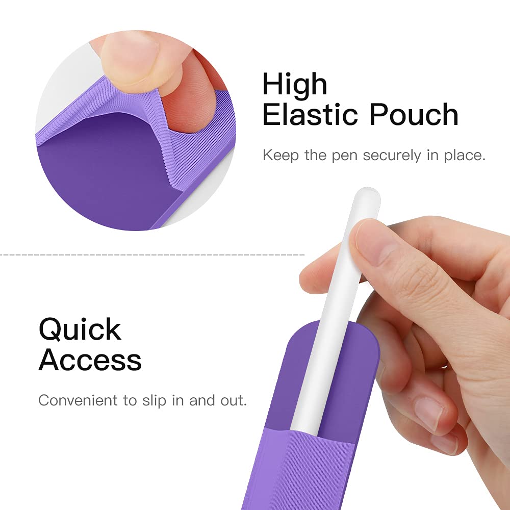MoKo Pencil Holder Sticker Fit Apple Pencil Pro, Apple Pencil (USB C), Apple Pencil 1st/2nd Generation, Elastic Pencil Pocket Pouch Adhesive Sleeve Attached to iPad Case for Stylus Pens, Purple