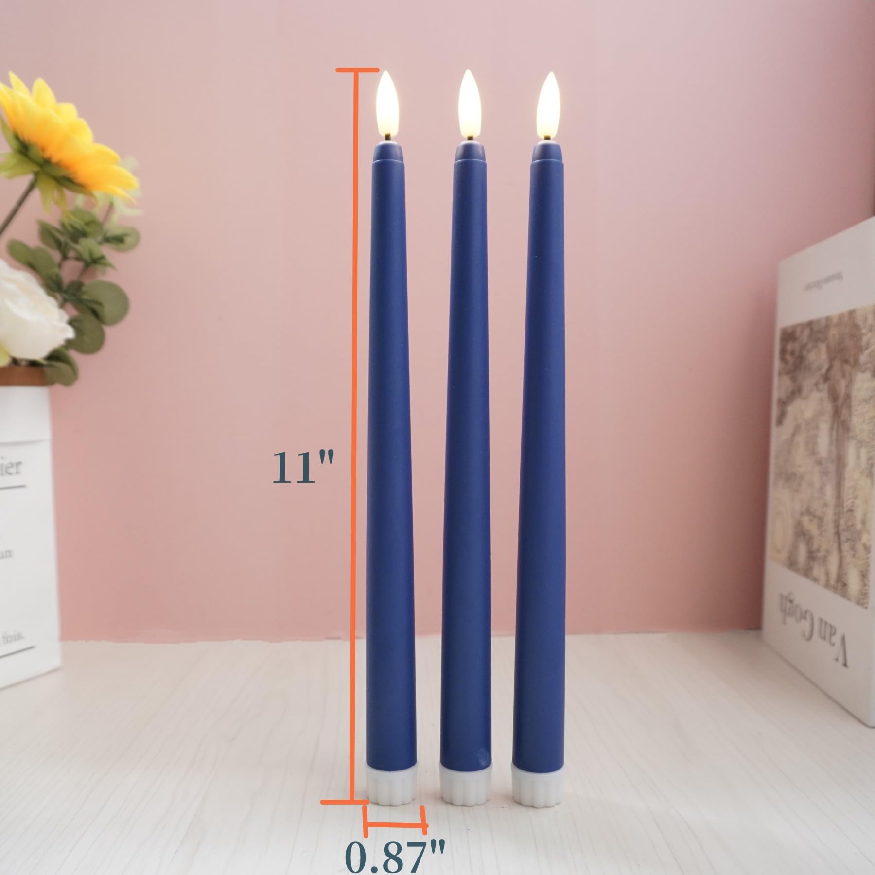 Ni Jasw Navy Blue Flameless Taper Candles With Remote, Flickering Battery Powered Led Candlesticks Set Of 4