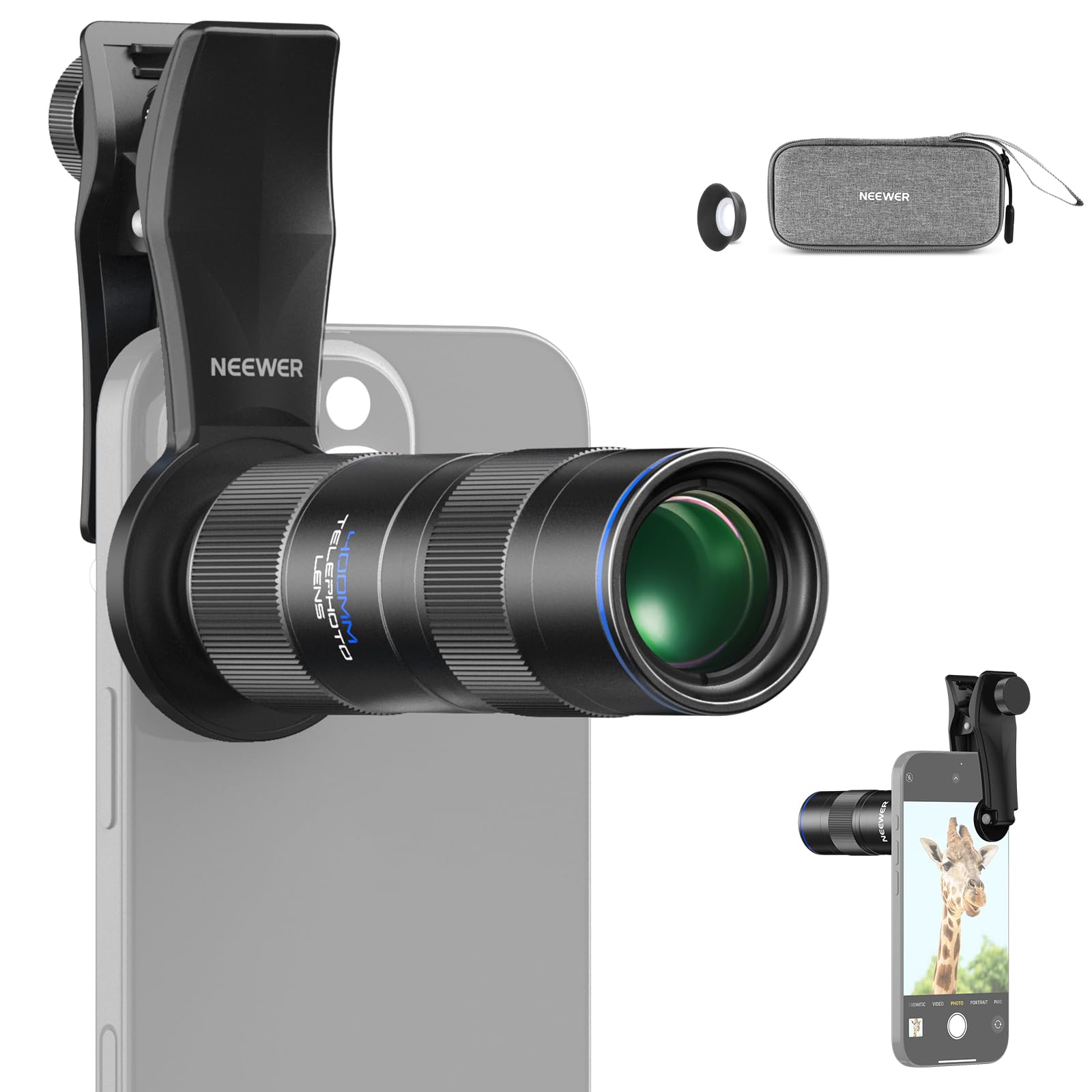 NEEWER 400mm Telephoto Phone Camera Lens with 17mm Threaded Lens Clip, 70cm Minimal Macro Focus Distance, Shot on 2X Zoom, for B