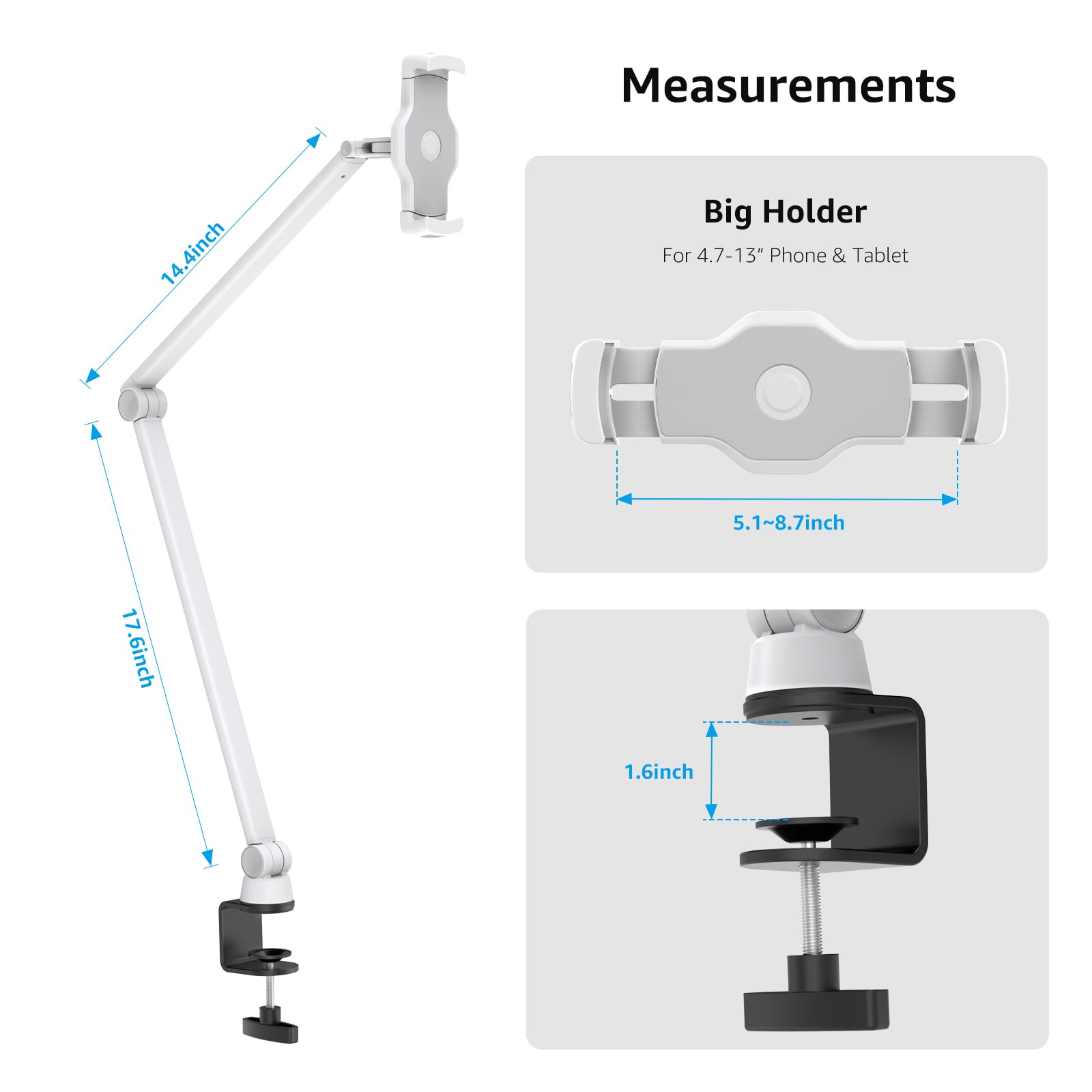 Bewiser Tablet Stand Holder Desk Mount,360Rotating Flexibly, Angle Adjustable Long Arm, Folding Aluminium Alloy Compatible With4