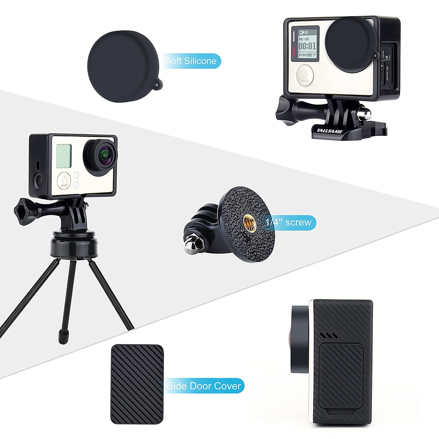 Yallsame Frame Mount Case For Gopro Hero 4 3 3+ With Lens Cap And Side Door Cap Protective Wire Connectable Skeleton Housing Cas