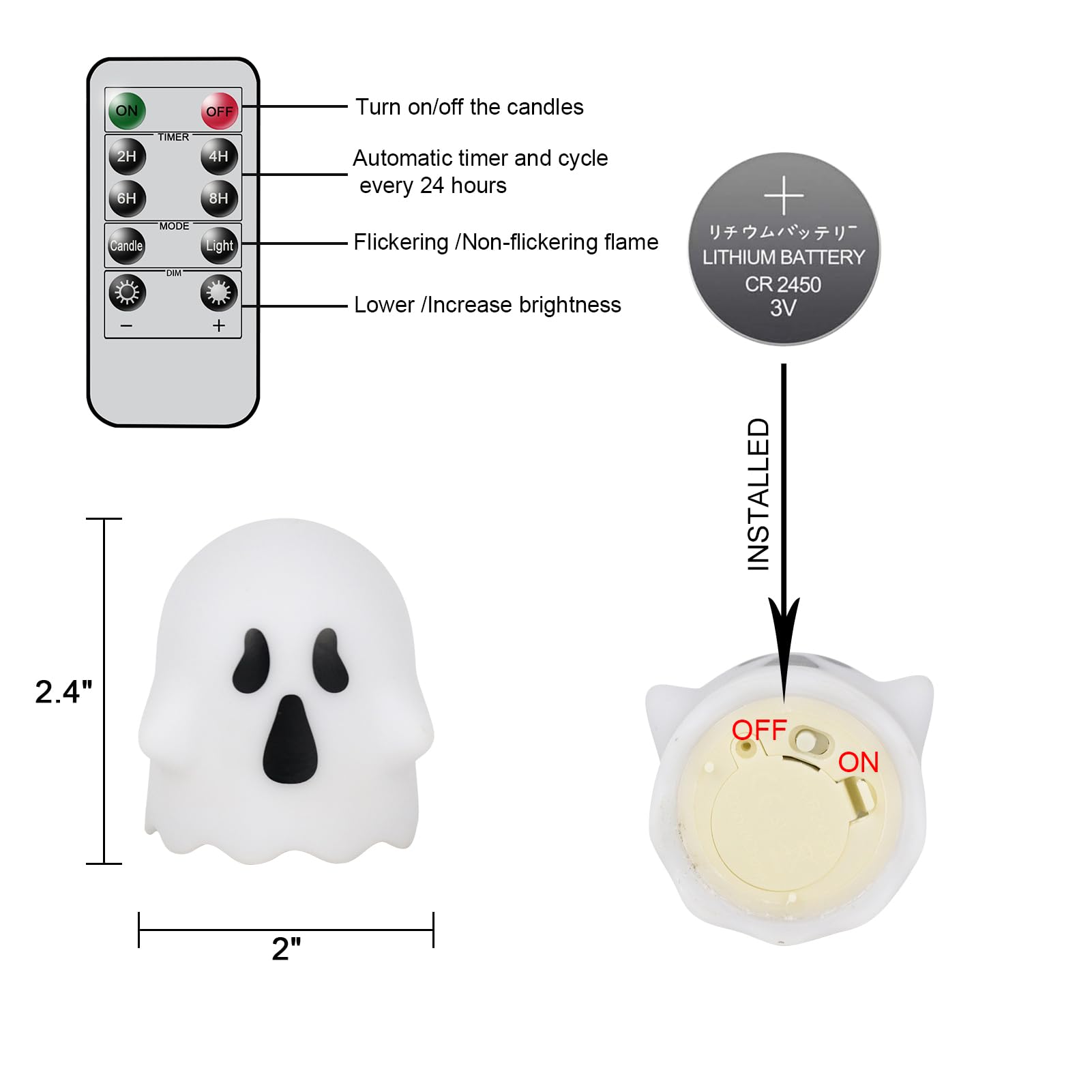 Lasumora Ghost Halloween Decorations Flameless Candles With Remote Timer, 6 Pack Grimace Ghost Candles, Battery Operated White L