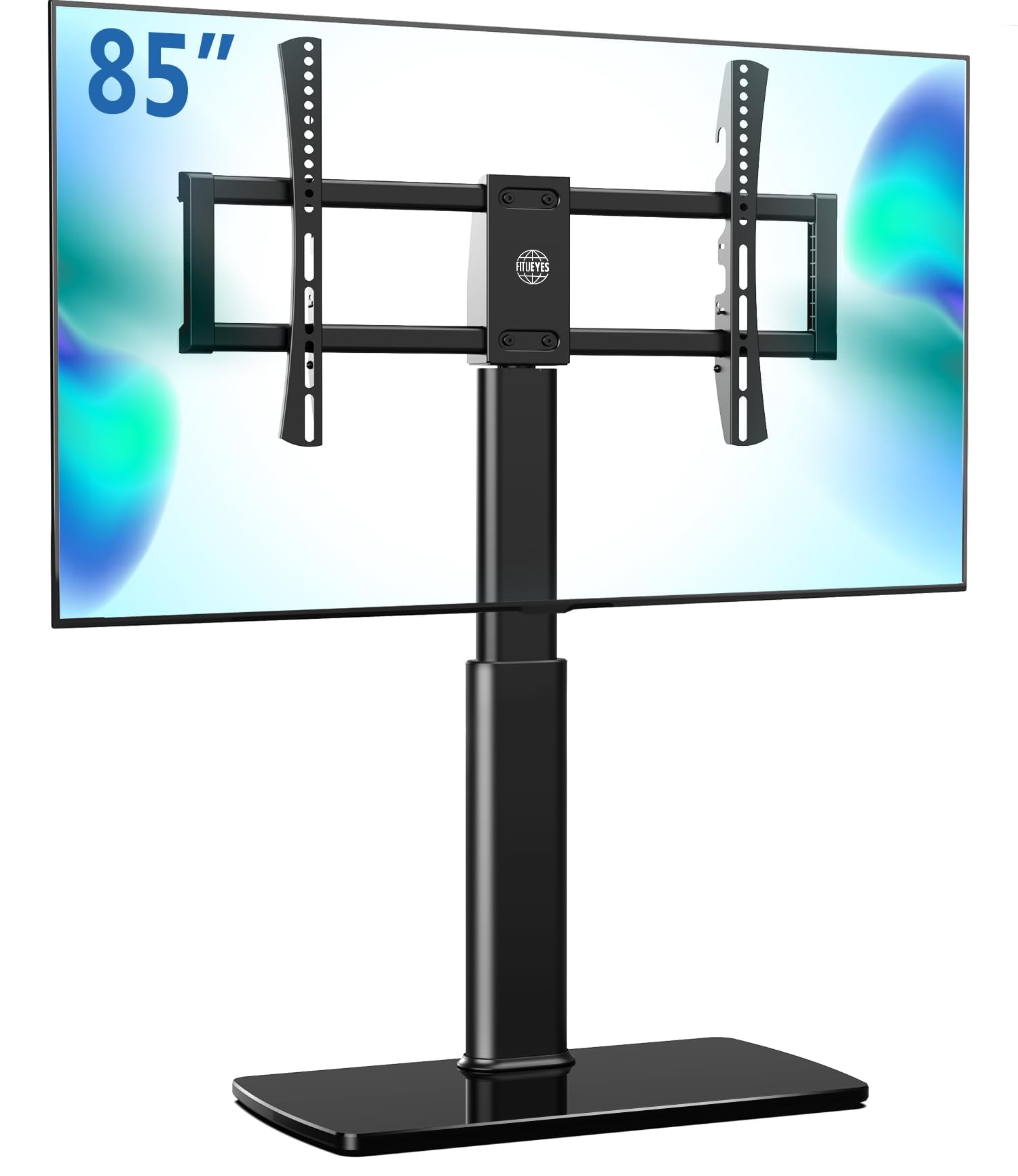 FITUEYES Universal TV Stand Mount for 43 80 85 inch TVs, Swivel Tall TV Mount Stand, Table Top TV Stand Base Replacement, Height Adjustable TV Table Stand, Glass Base, Max Holds 132lbs