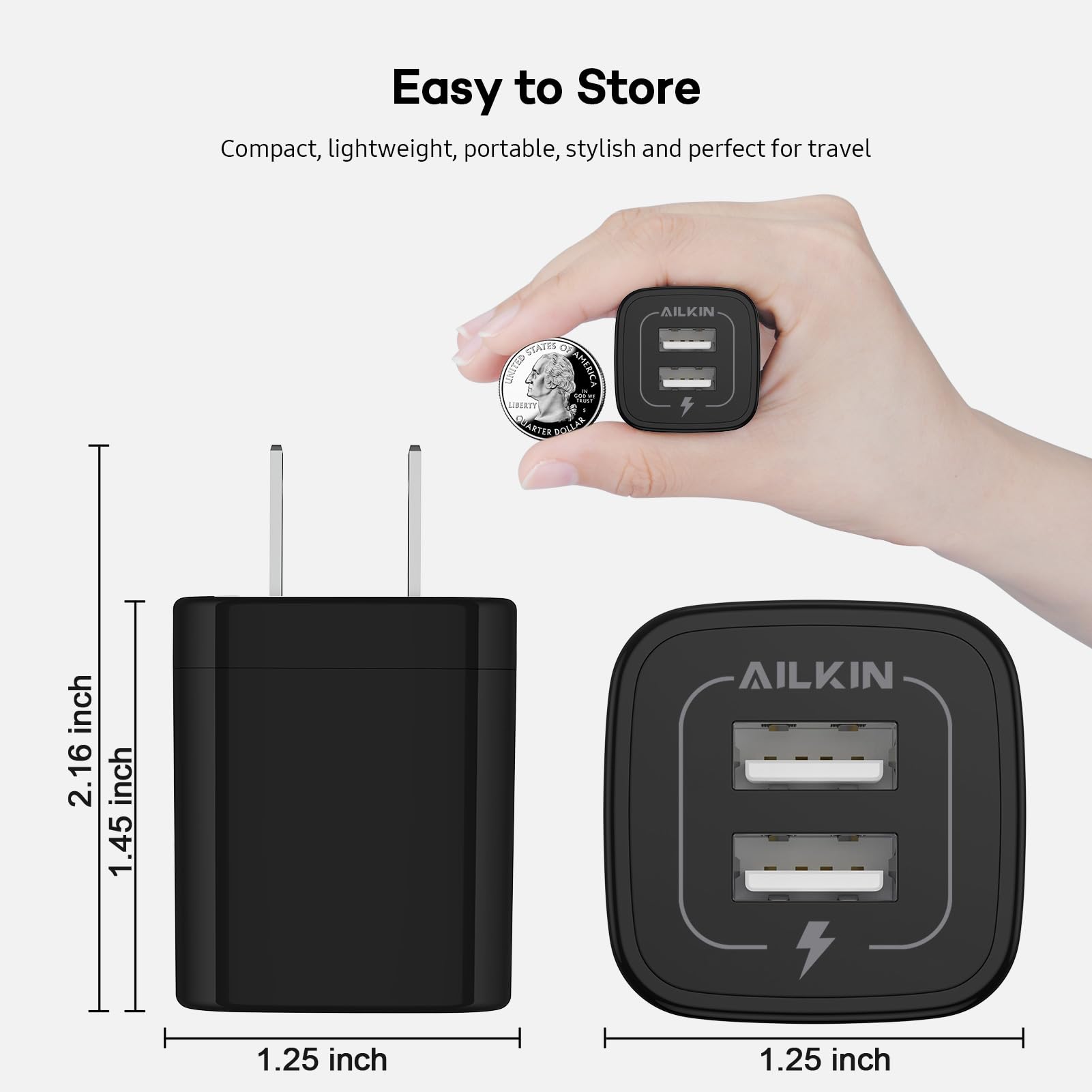 Usb Wall Charger, Ailkin 2.1A Dual Port Portable Universal Usb Wall Charger Adapter Box For Iphone 15 14 13 12 Mini Pro Max Se 1