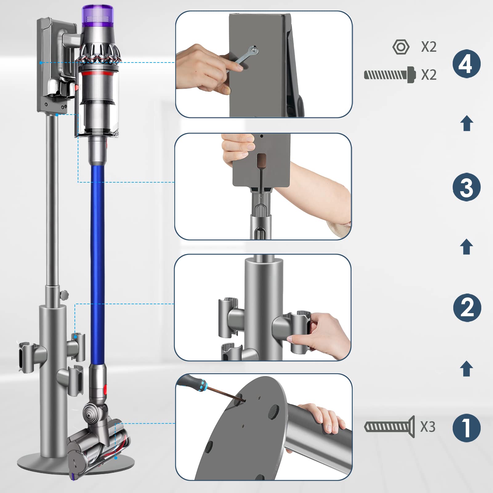 Lasvea Height Adjustable Vacuum Stand For Dyson V15, V12,V11, V10,V8,V7   Aluminum Tube Vacuum Rack Organizer, 7.9 Lbs Steel Bas