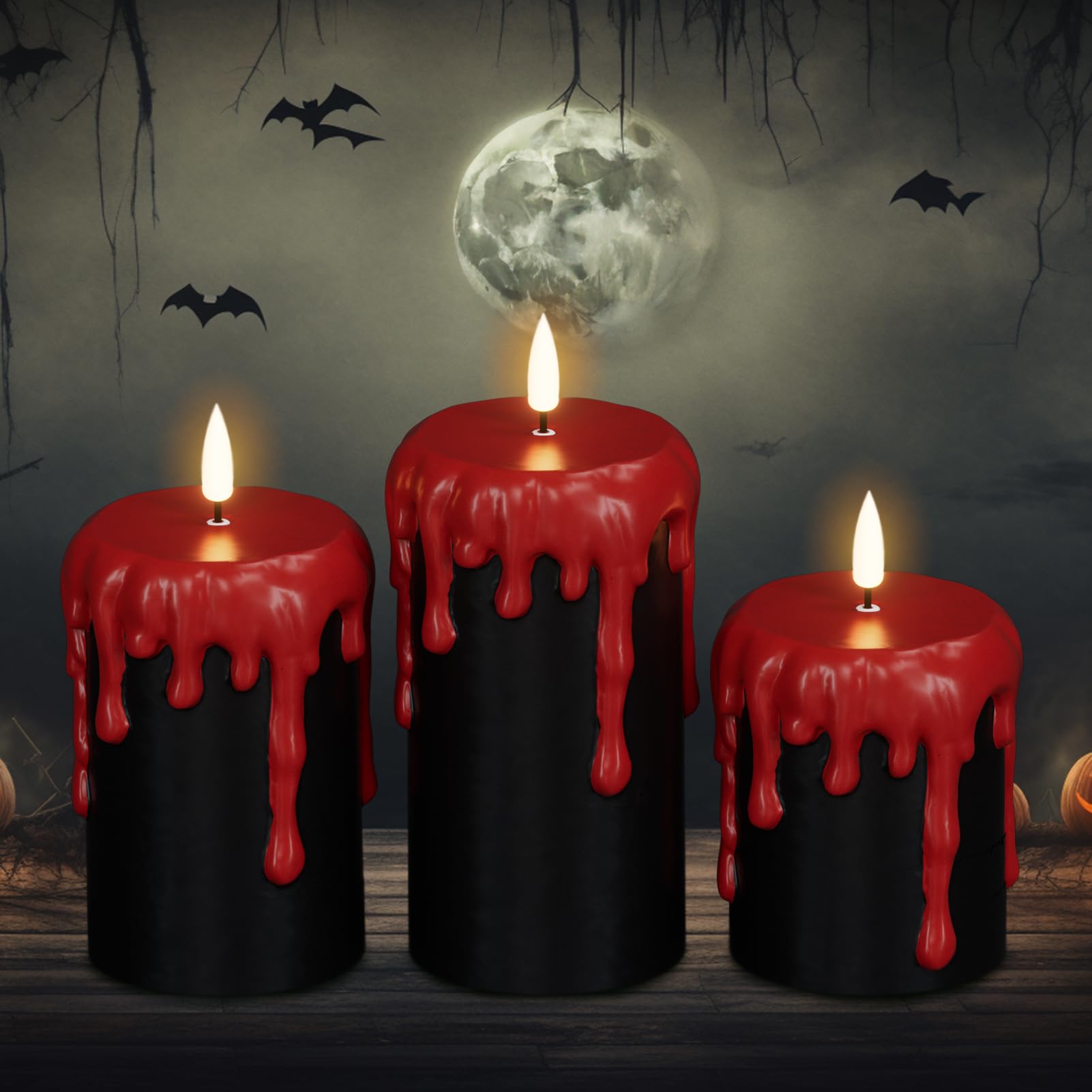 Lasumora Halloween Black Flameless Pillar Candles Flickering With 6H Timer, Battery Operated Led Pillar Candle, 3 Pcs Drip Wax S
