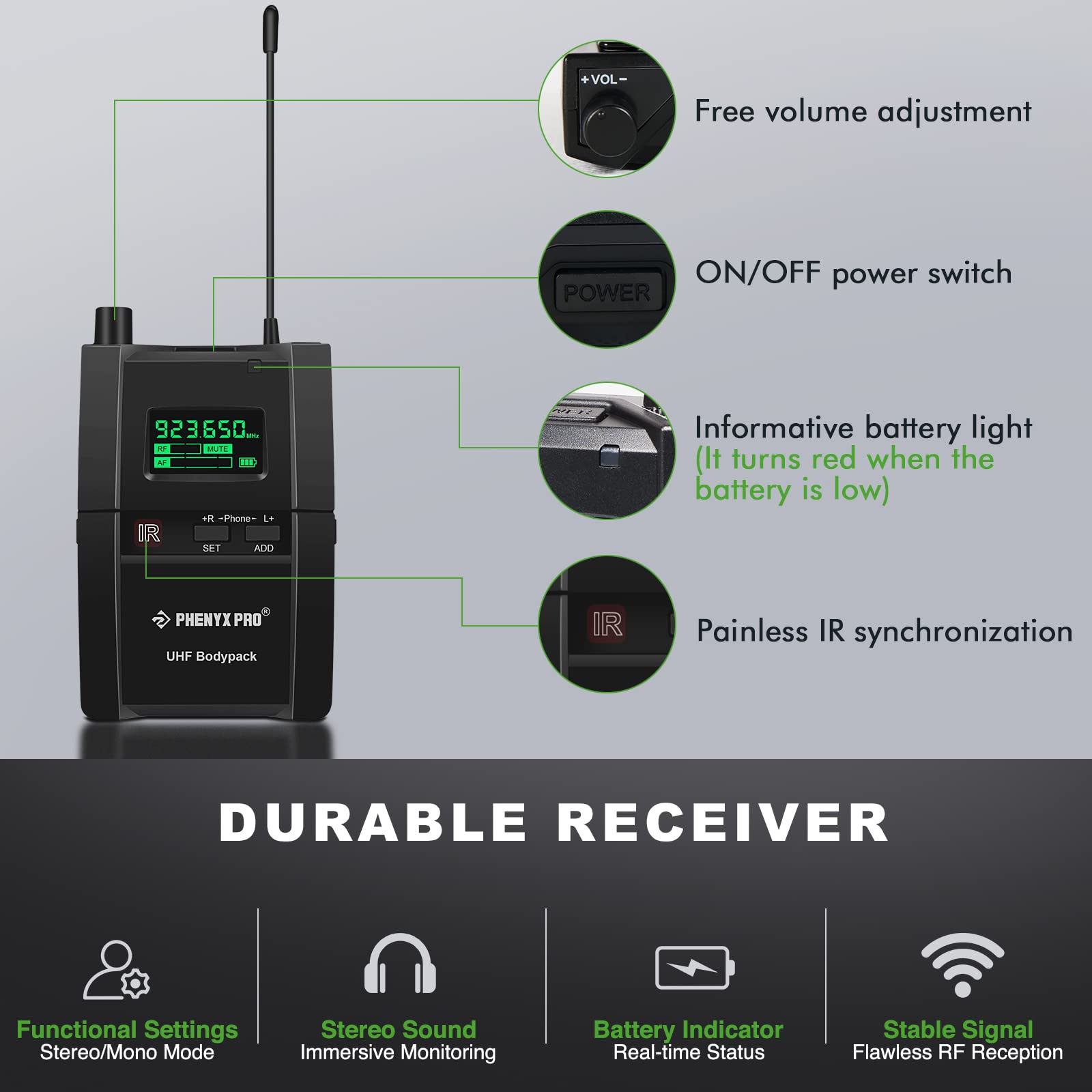 Phenyx Pro Ptm 10 Stereo Wireless In Ear Monitor System Bodypack Receiver, Performance With 89 Adjustable Frequencies