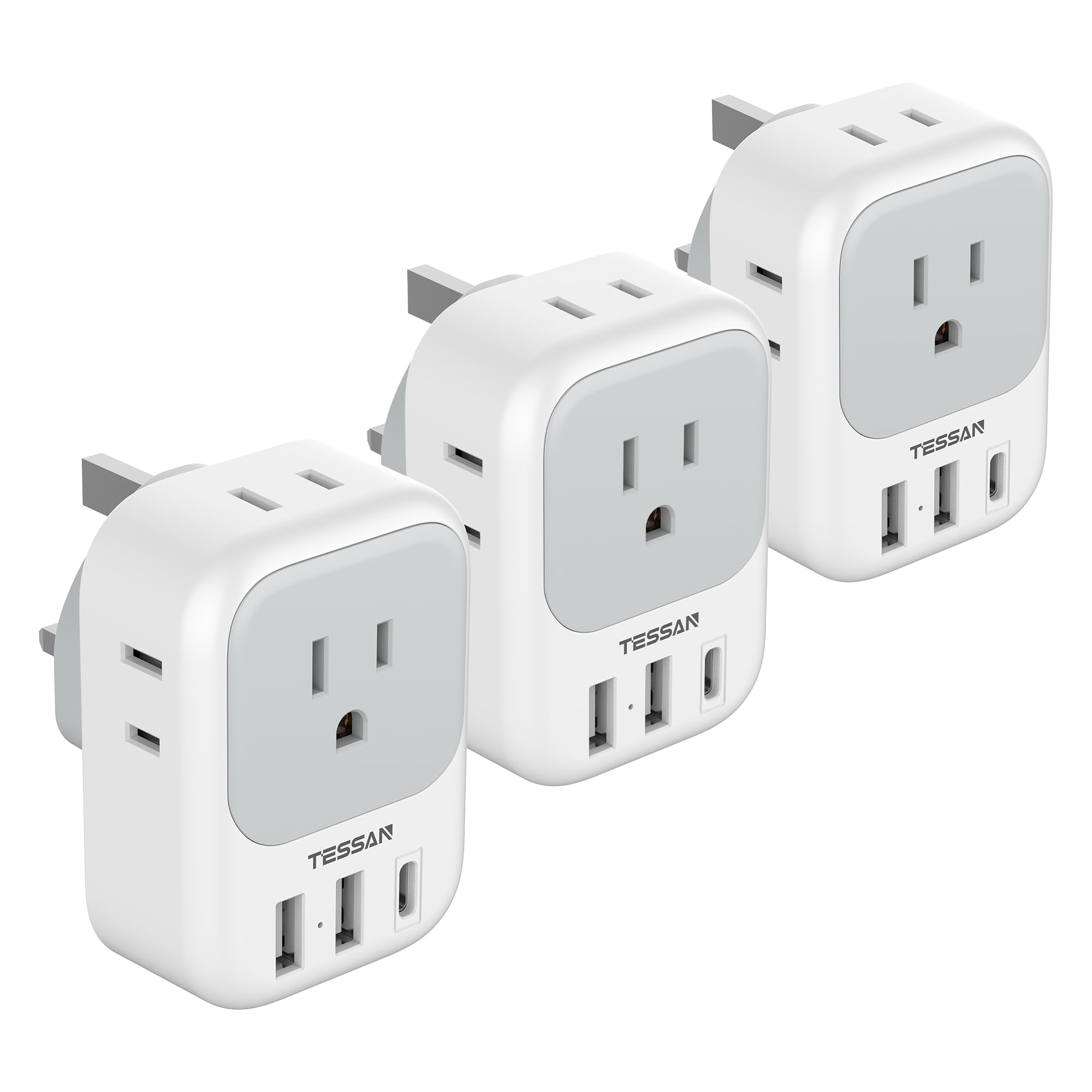 Us To Uk Plug Adapter 3 Pack, Tessan Type G Adapter For Travel With 4 Outlets 3 Usb Charger(1 Usb C), Ireland Power Adaptor For