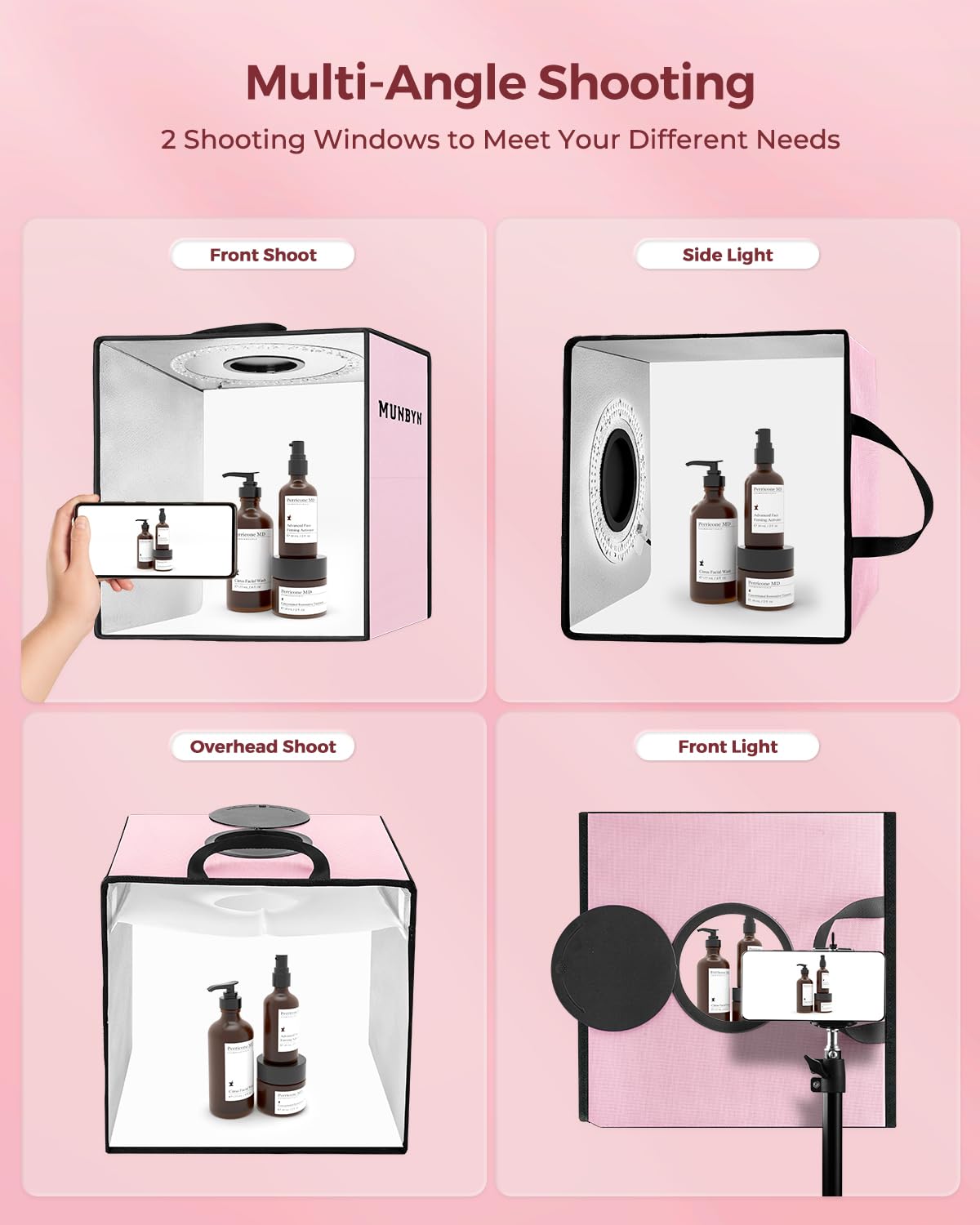 Munbyn Photo Light Box Photography, Portable Photo Studio Box 12'' X 12'' Pink Professional Photo Tent Kit With 6 Color Rgb Led