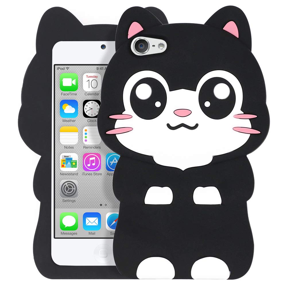 Yonocosta Cute Ipod Touch 7 Case, Ipod Touch 6 Case, Ipod Touch 5 Case, Funny Kawaii 3D Cartoon Big Eye Black Cat Kitty Animals Soft Silicone Shockproof Cases Cover For Kids Child Girls Women