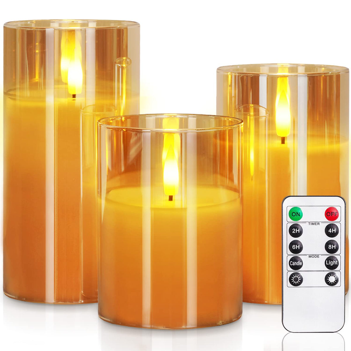Homemory Amber Glass Flameless Candles, Battery Operated Led Pillar Candles With Remote Control And Timer, Radiance Candles, Rea