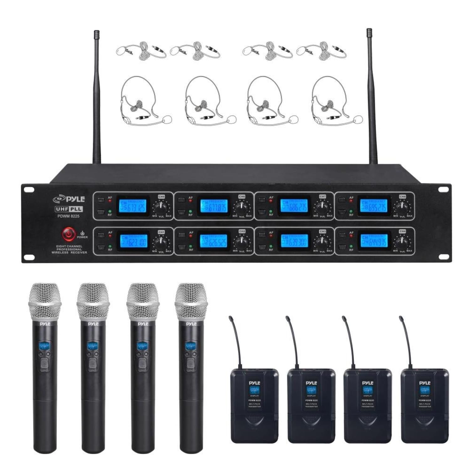 Pyle Professional 8 Channel Uhf Wireless Microphone & Receiver System 4 Handheld Mics Belt Packs Transmitters Headsets &Lavalier