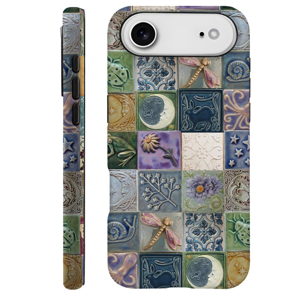 Compatible with iPhone 17 Air,Durable & Shockproof Phone Case Cover Design - Tiles Pattern Moon Dragonfly Flower