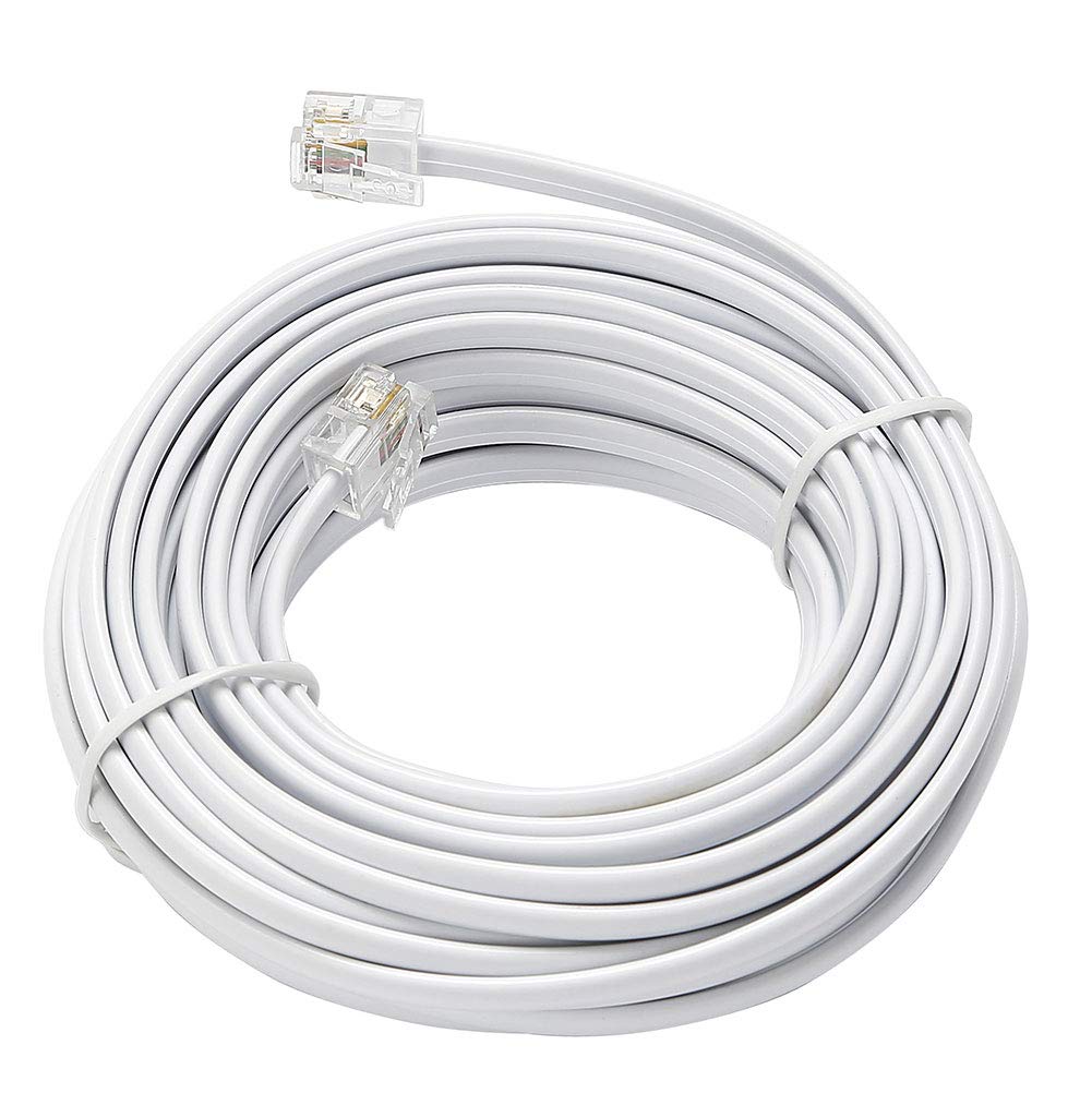Telephone Extension Line Cord Cable Wire, Land Phone Line, White, 25Ft, Standard Rj11 Plugs