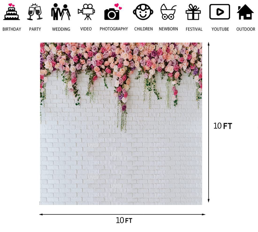 Ltlyh 10X10Ft White Brick Wall Flowers Background Spring Theme Photography Backdrop For Mother'S Day Valentine Wedding Bridal Ba