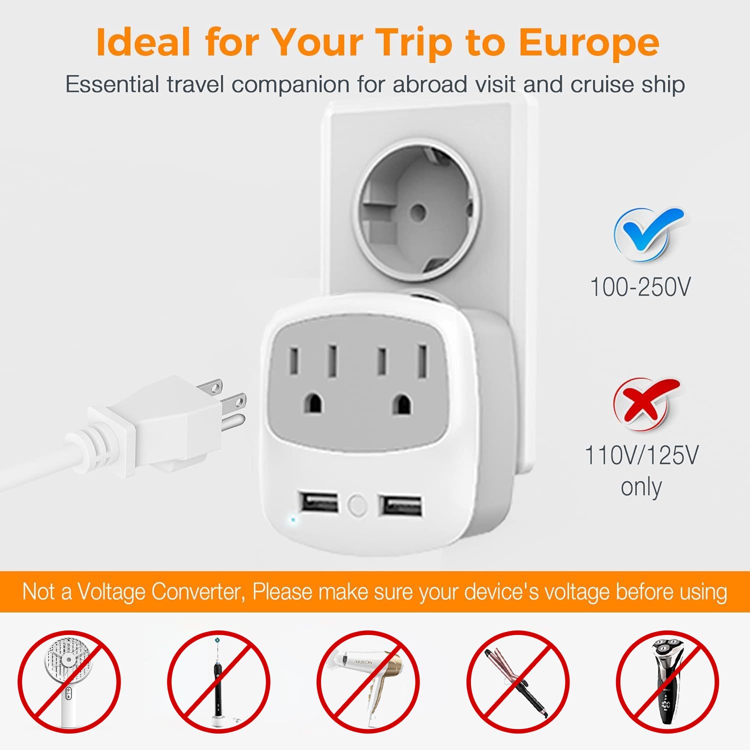 European Travel Plug Adapter Converter, Tessan International Power Plug Converter With 2 Usb, Type C Outlet Adaptor Charger For