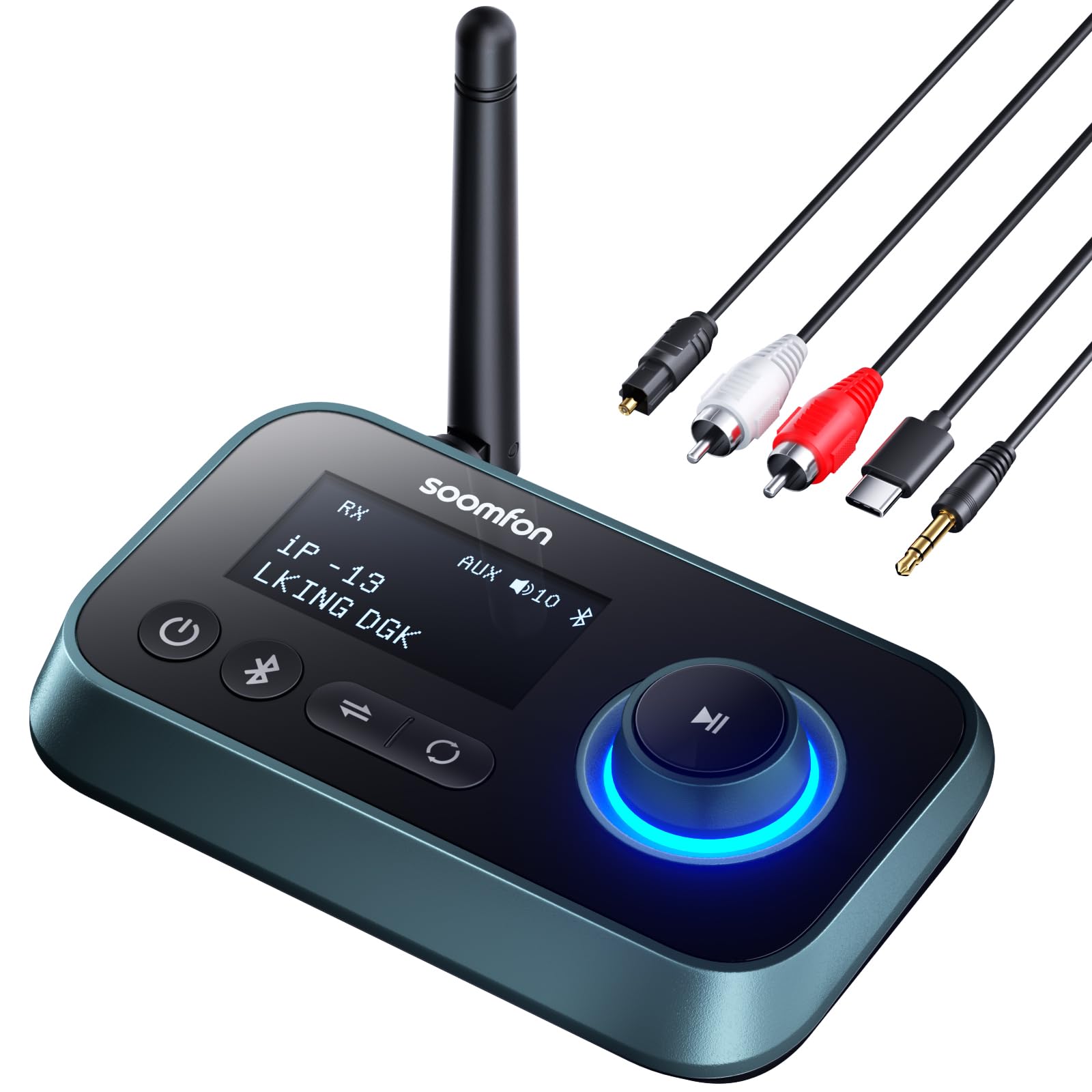 Soomfon Bluetooth Transmitter For Tv 3 In 1 Bluetooth 5.0 Transmitter Receiver For Tv To 2 Headphones With Lcd Display Adjustable Volume, Optical Aux Rca Bypass For Home Stereo Speaker