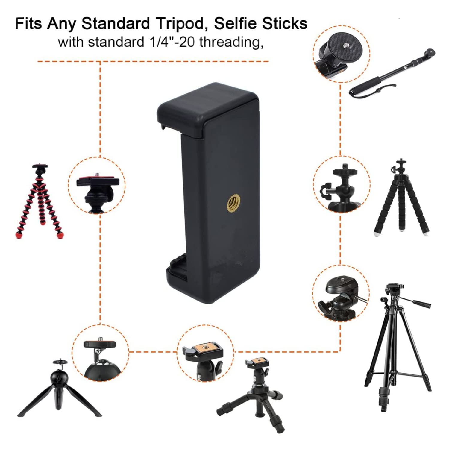 Praqecz Universal Cell Phone Tripod Mount Adapter, Phone Holder Clip Connector Head Used For Monopod Selfie Stick Travel Mini Fl